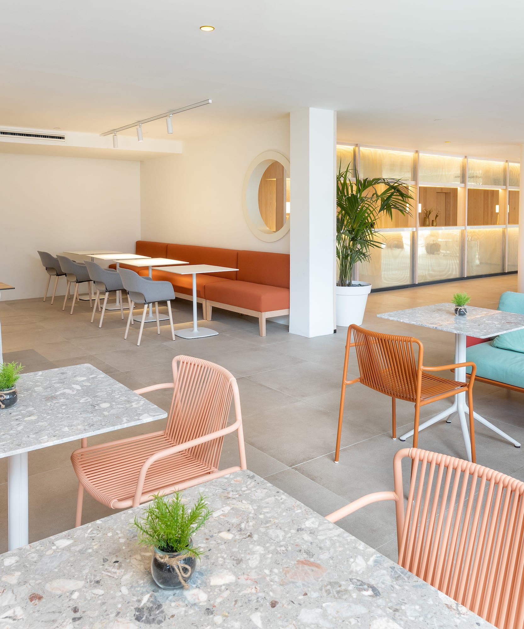 a room with tables and chairs