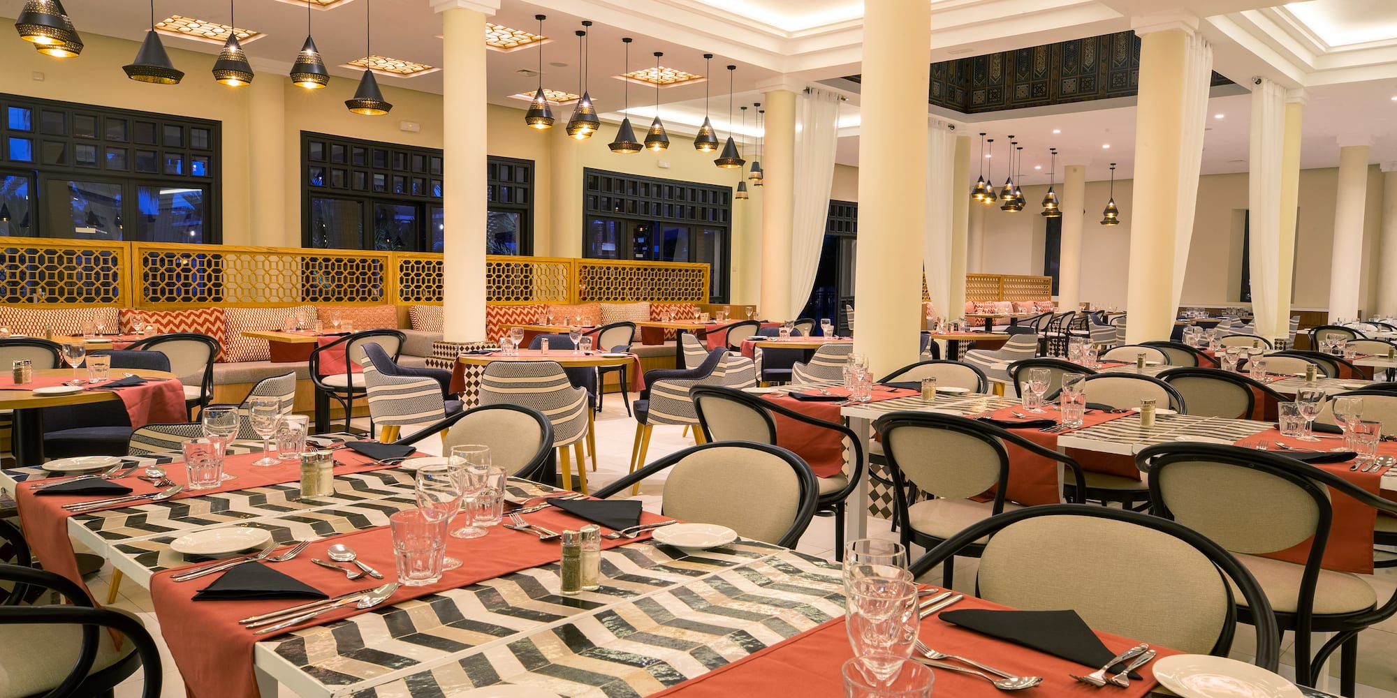 a room with tables and chairs