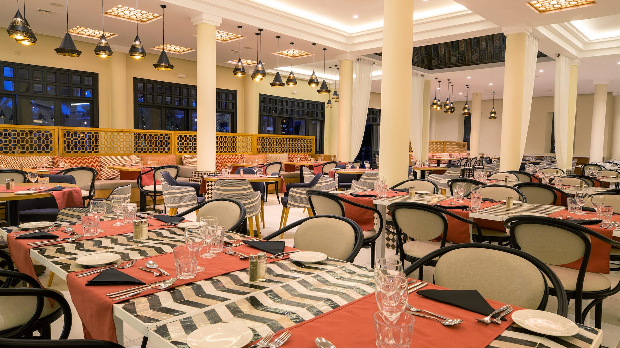 a room with tables and chairs