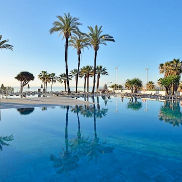 a pool with palm trees and a beach