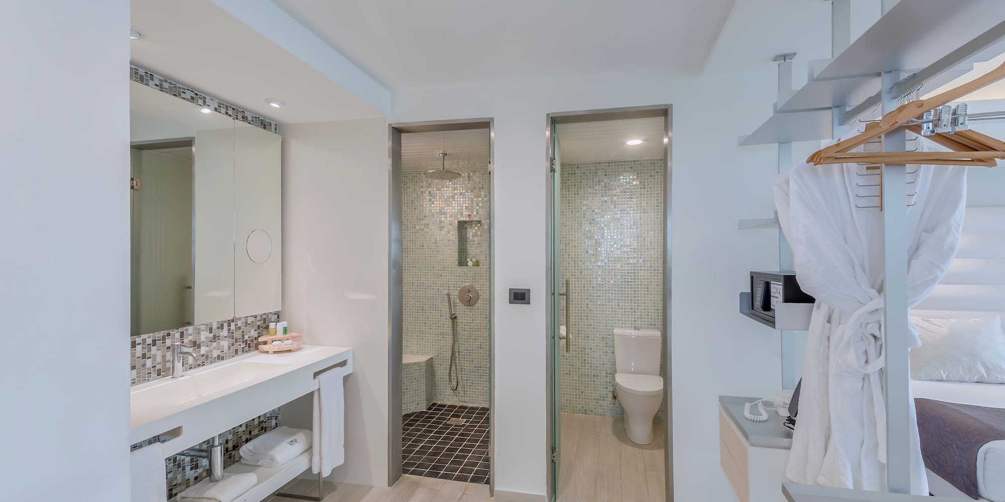 a bathroom with a shower and a toilet