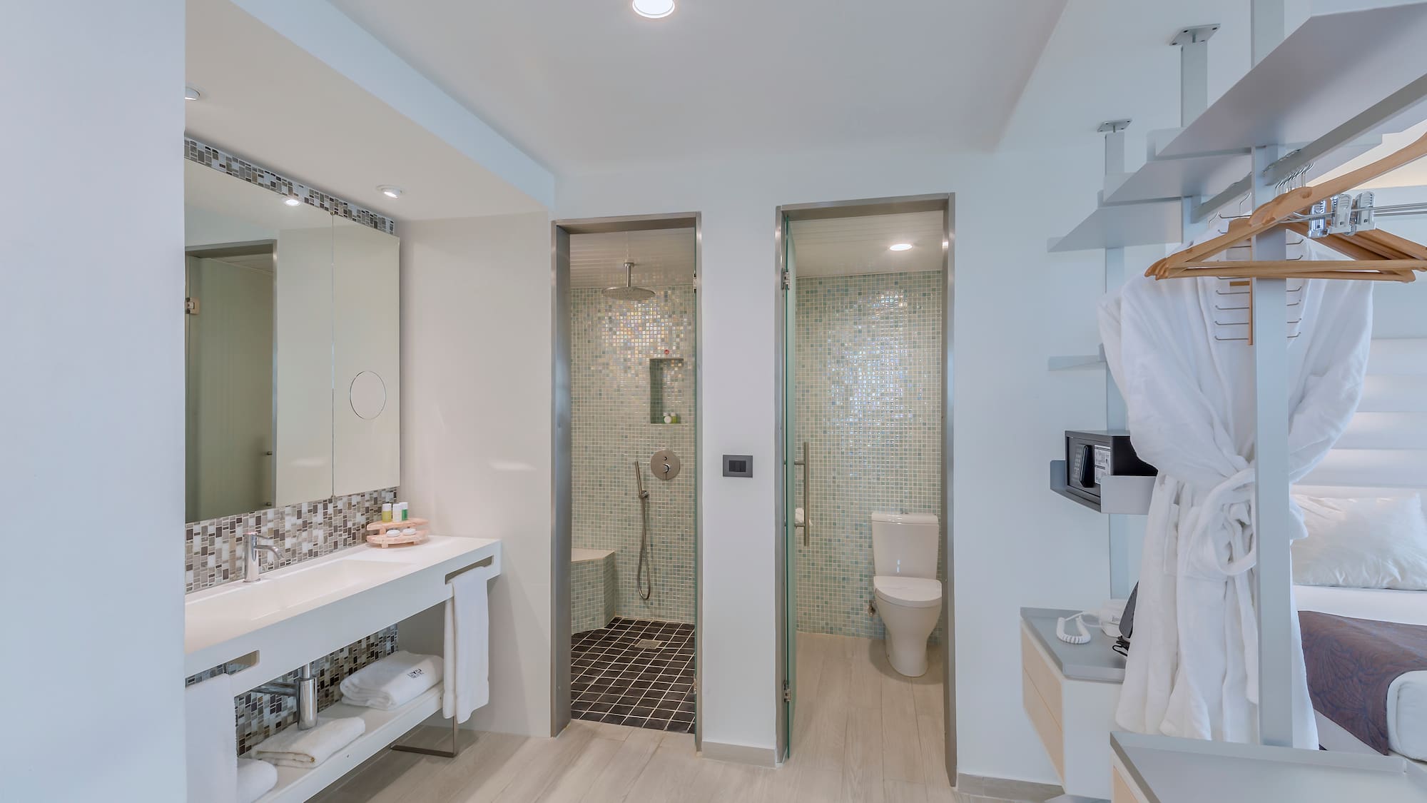 a bathroom with a shower and a toilet