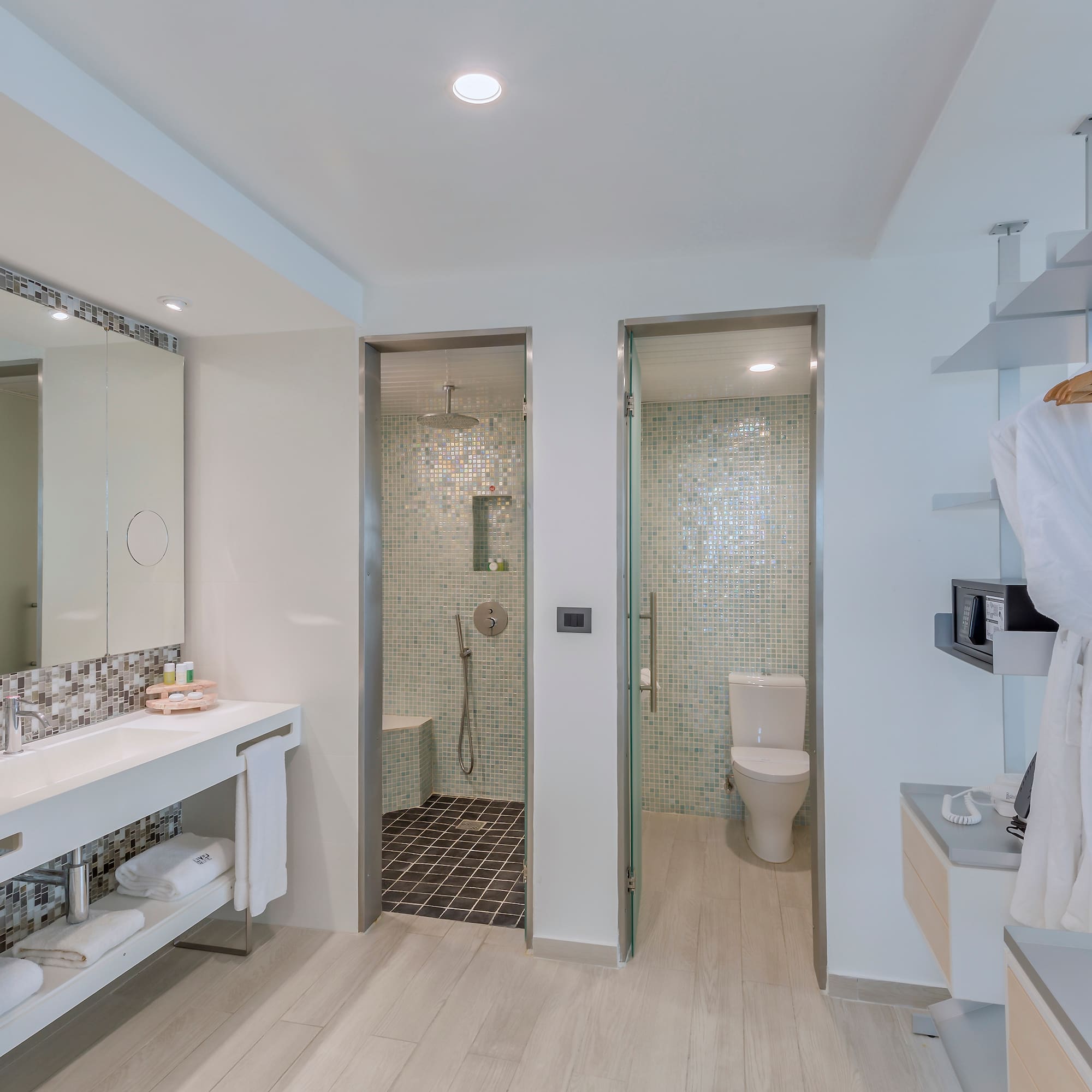 a bathroom with a shower and a toilet