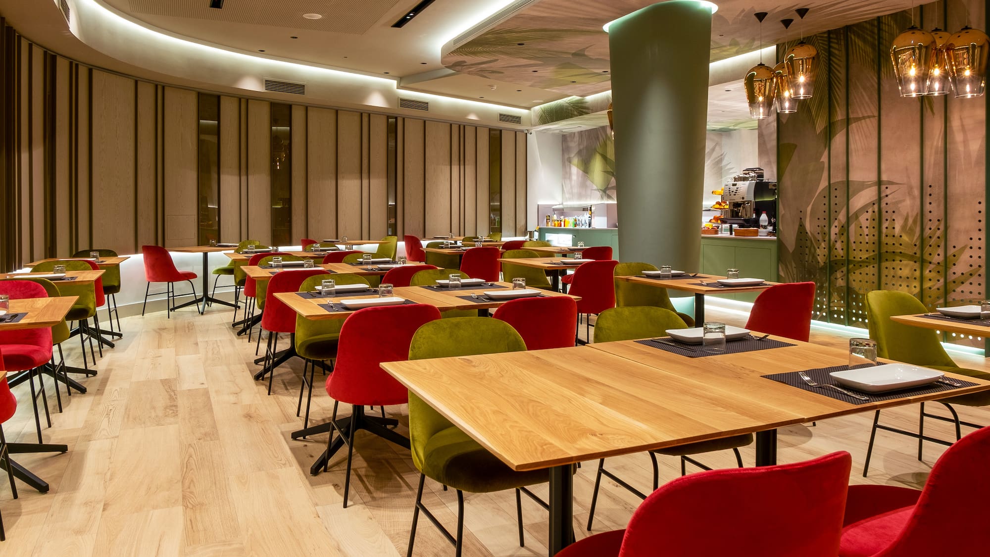 a room with tables and chairs