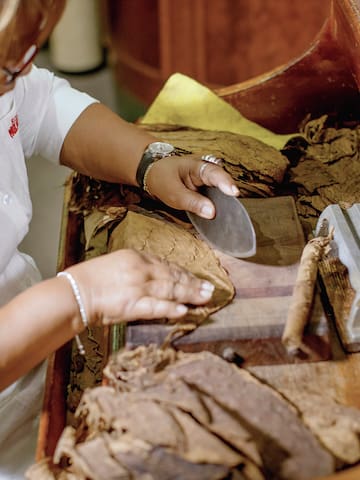 a woman rolling cigars with a grinder