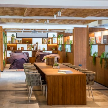 a room with a table and chairs