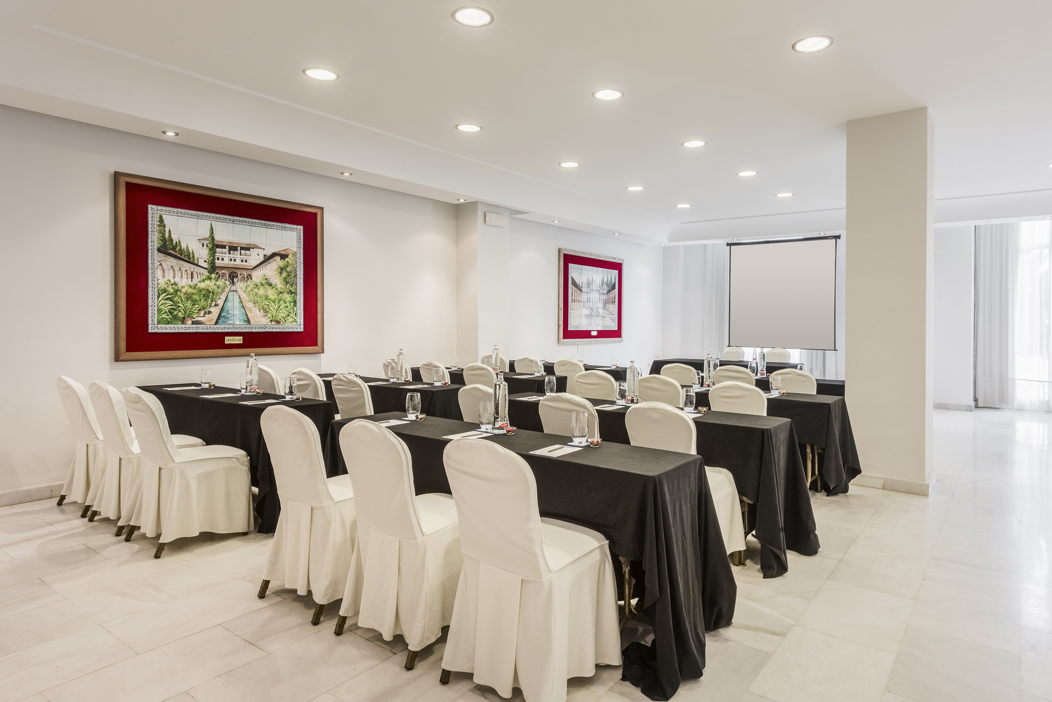 a room with tables and chairs