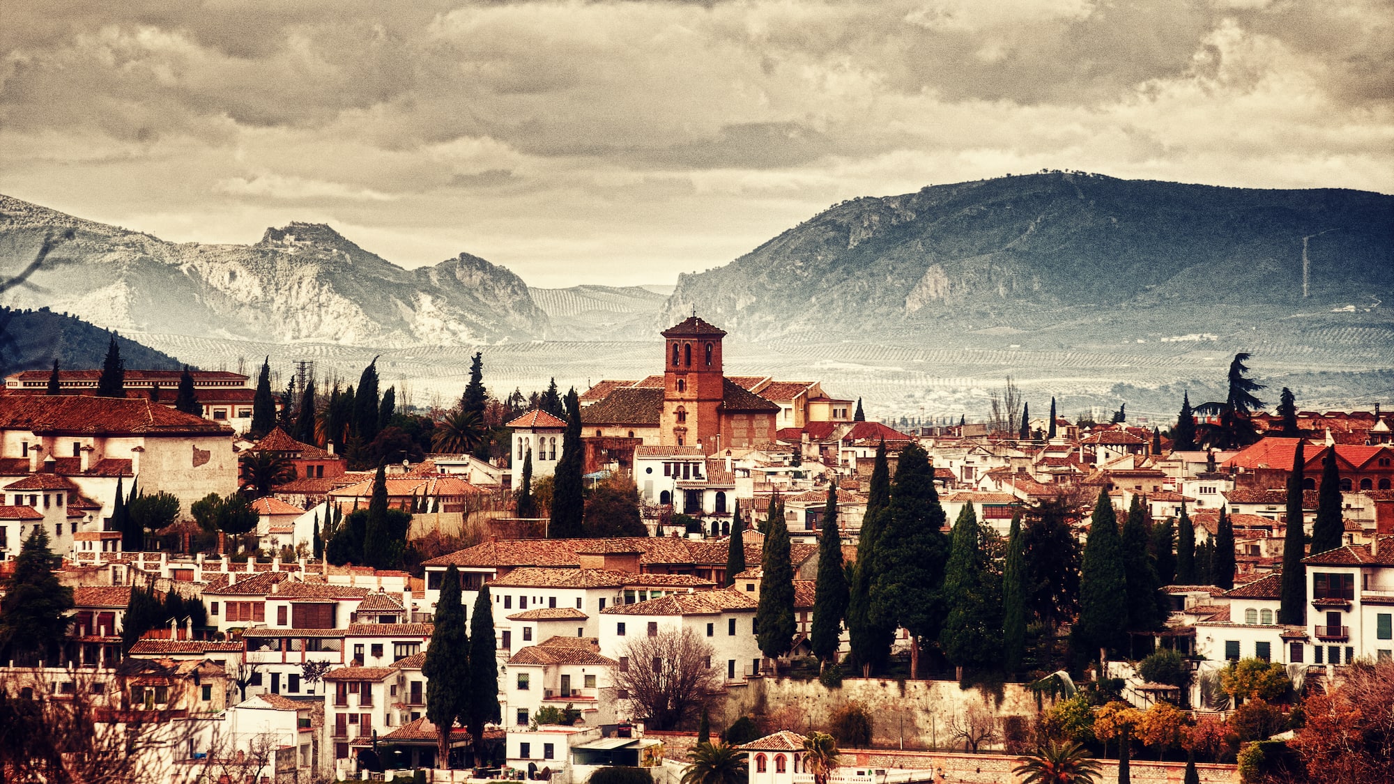 a city with trees and mountains in the background