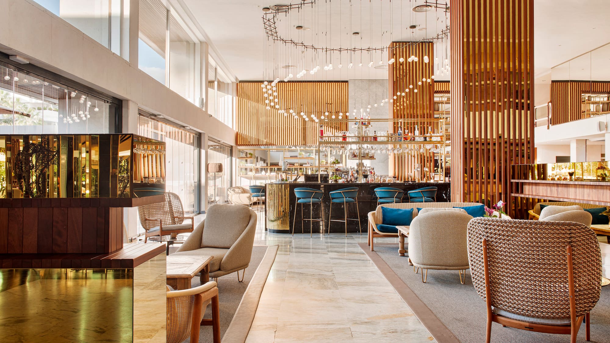 a room with chairs and tables