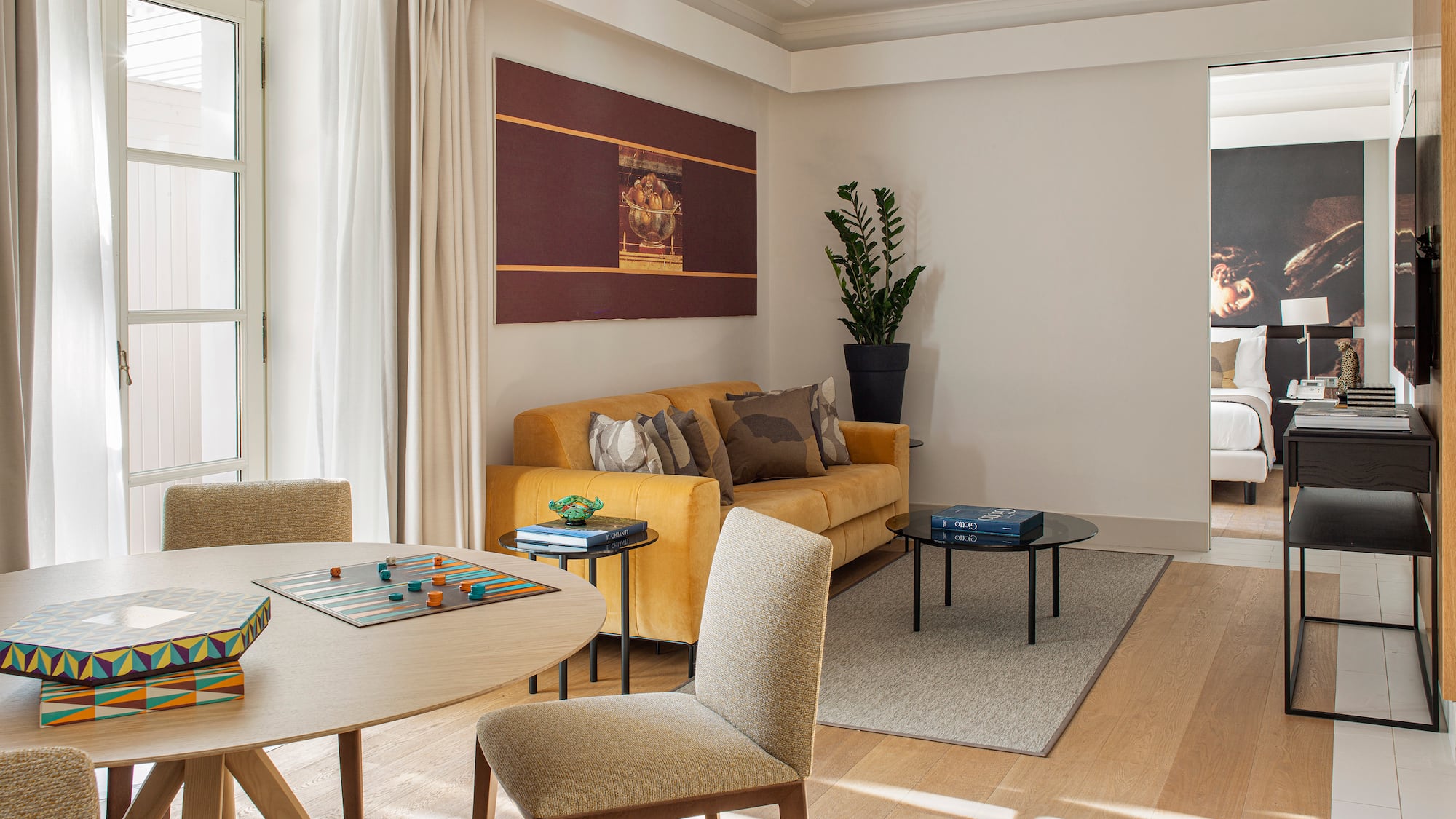 a living room with a couch and a table