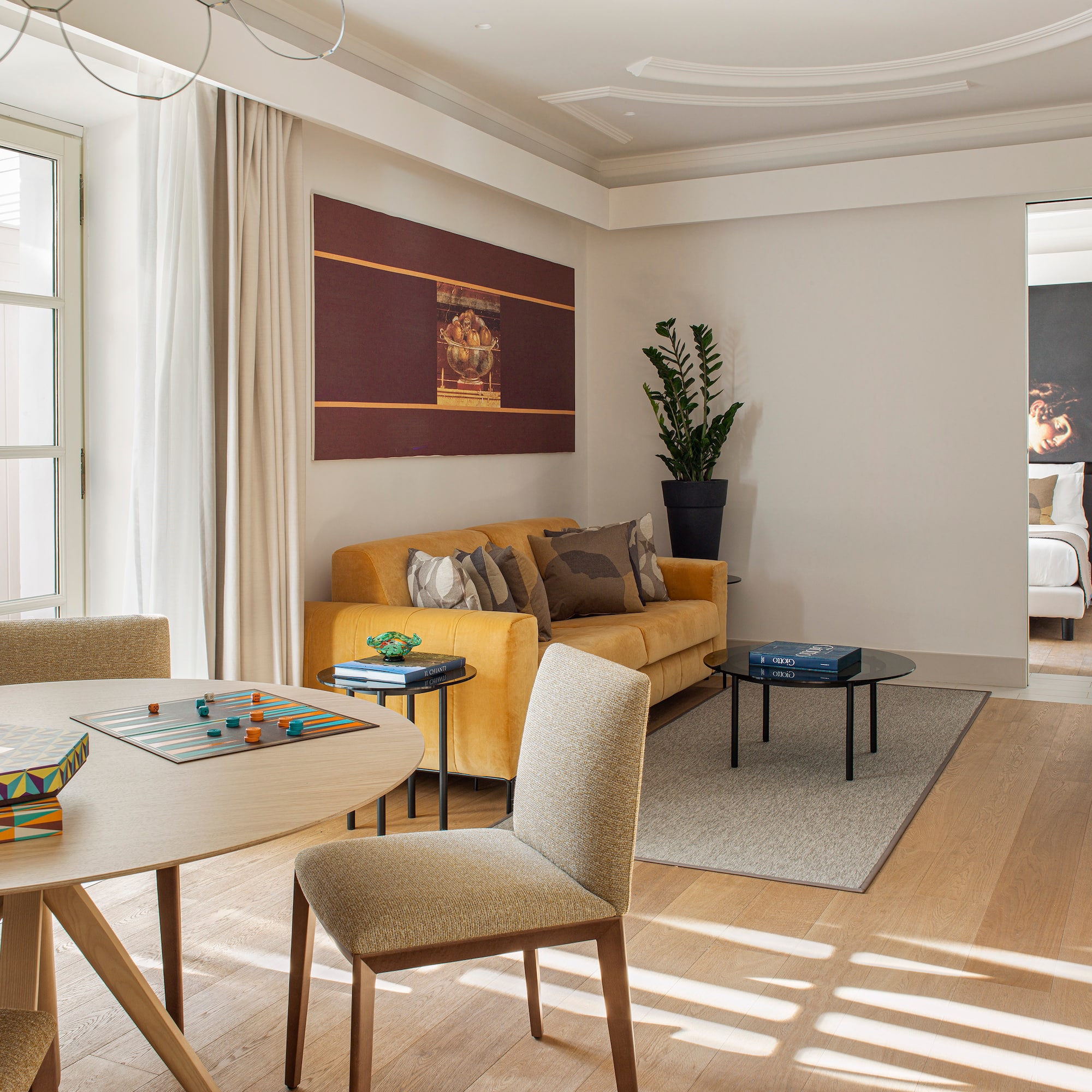 a living room with a couch and a table