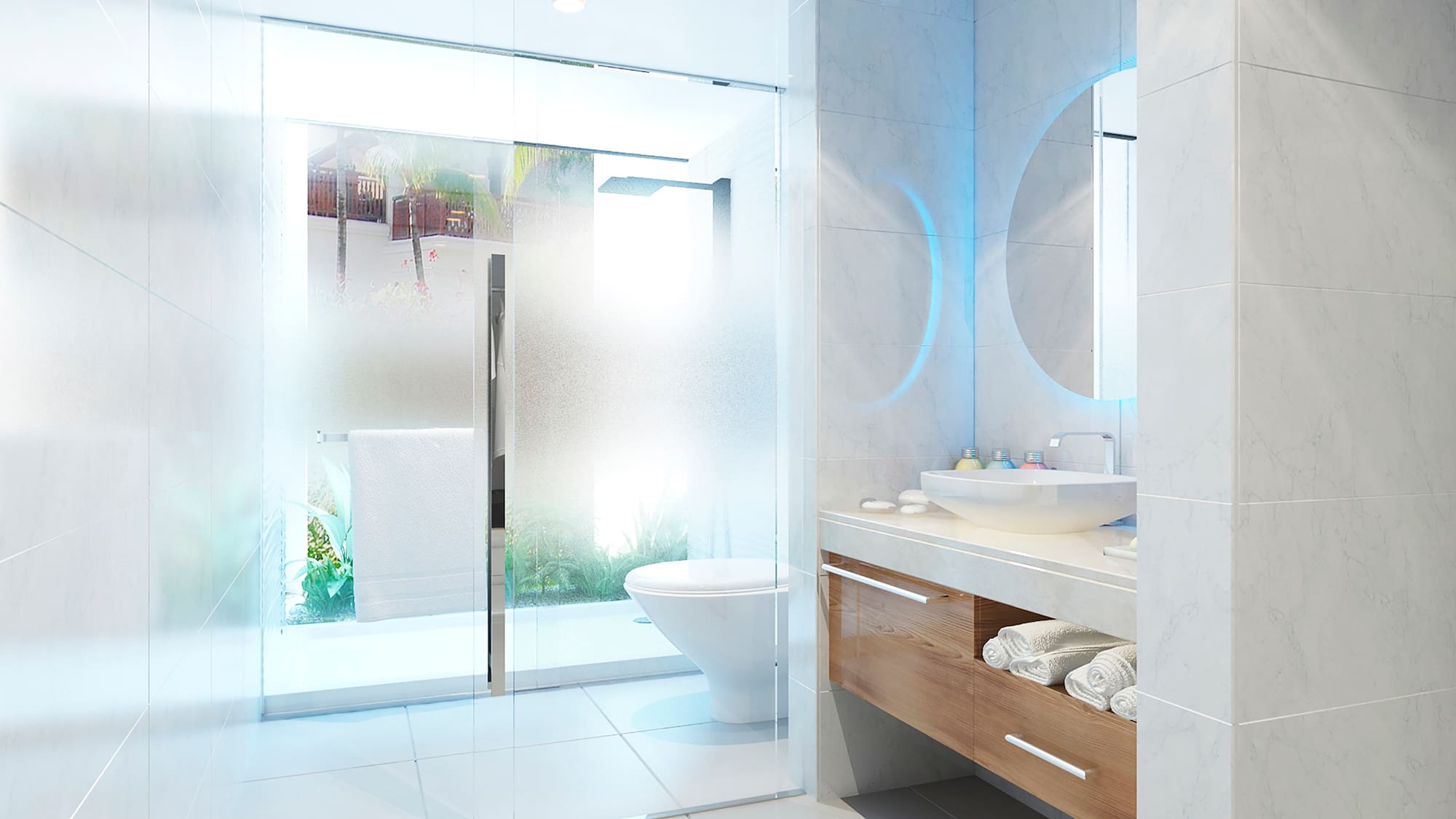 a bathroom with a glass shower door
