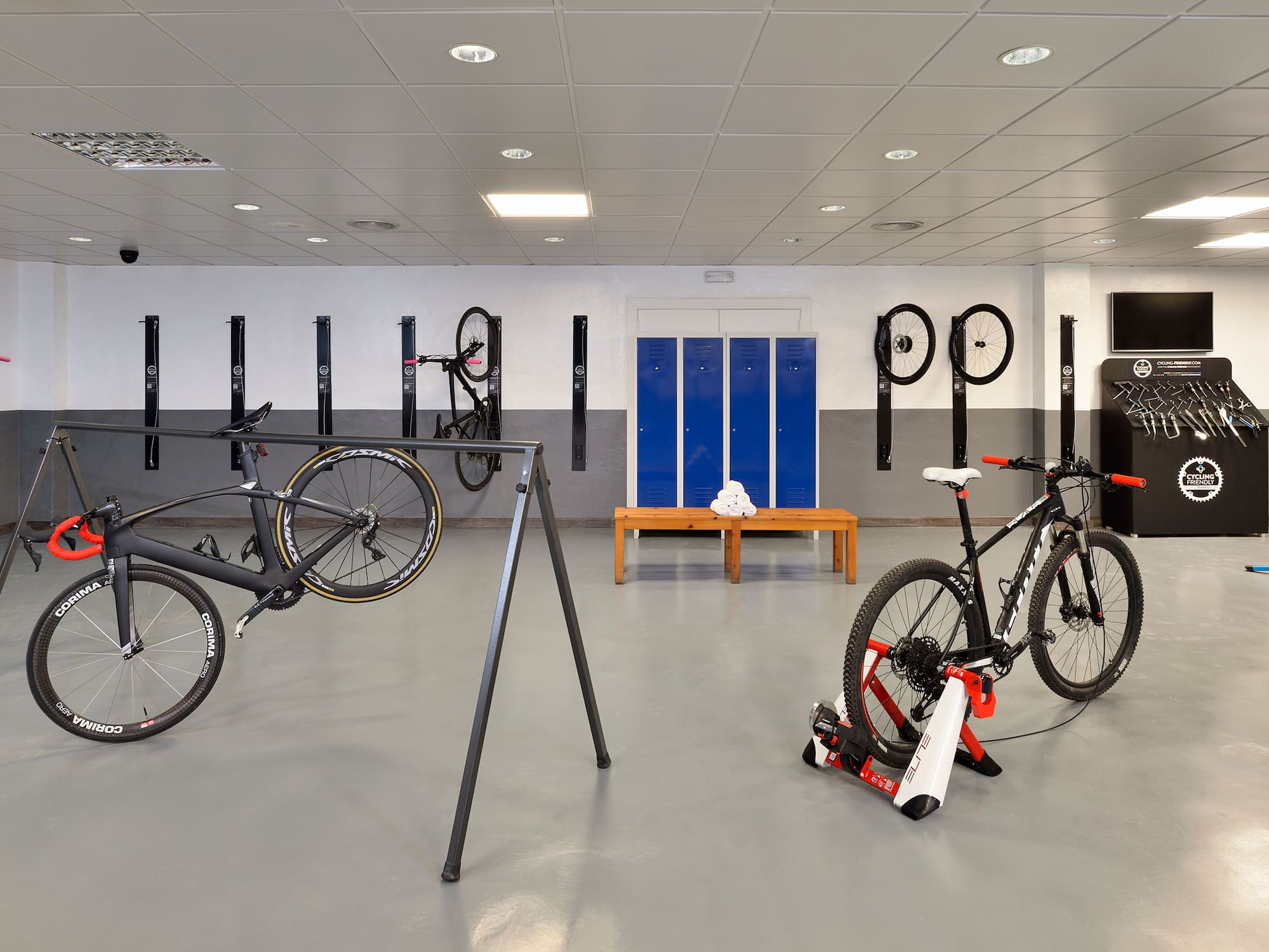 a room with bicycles in it