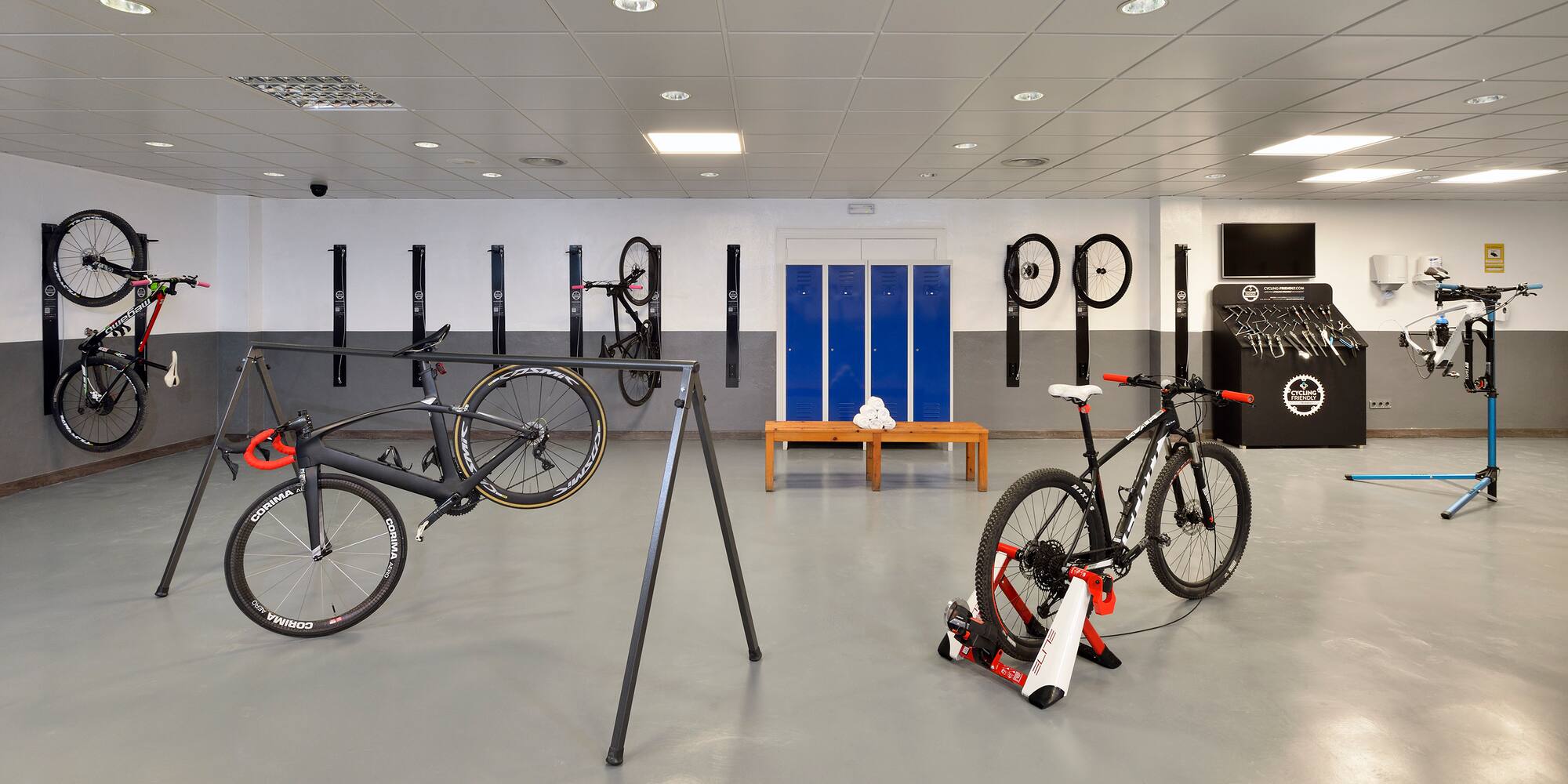 a room with bicycles in it