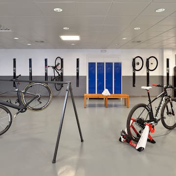 a room with bicycles in it