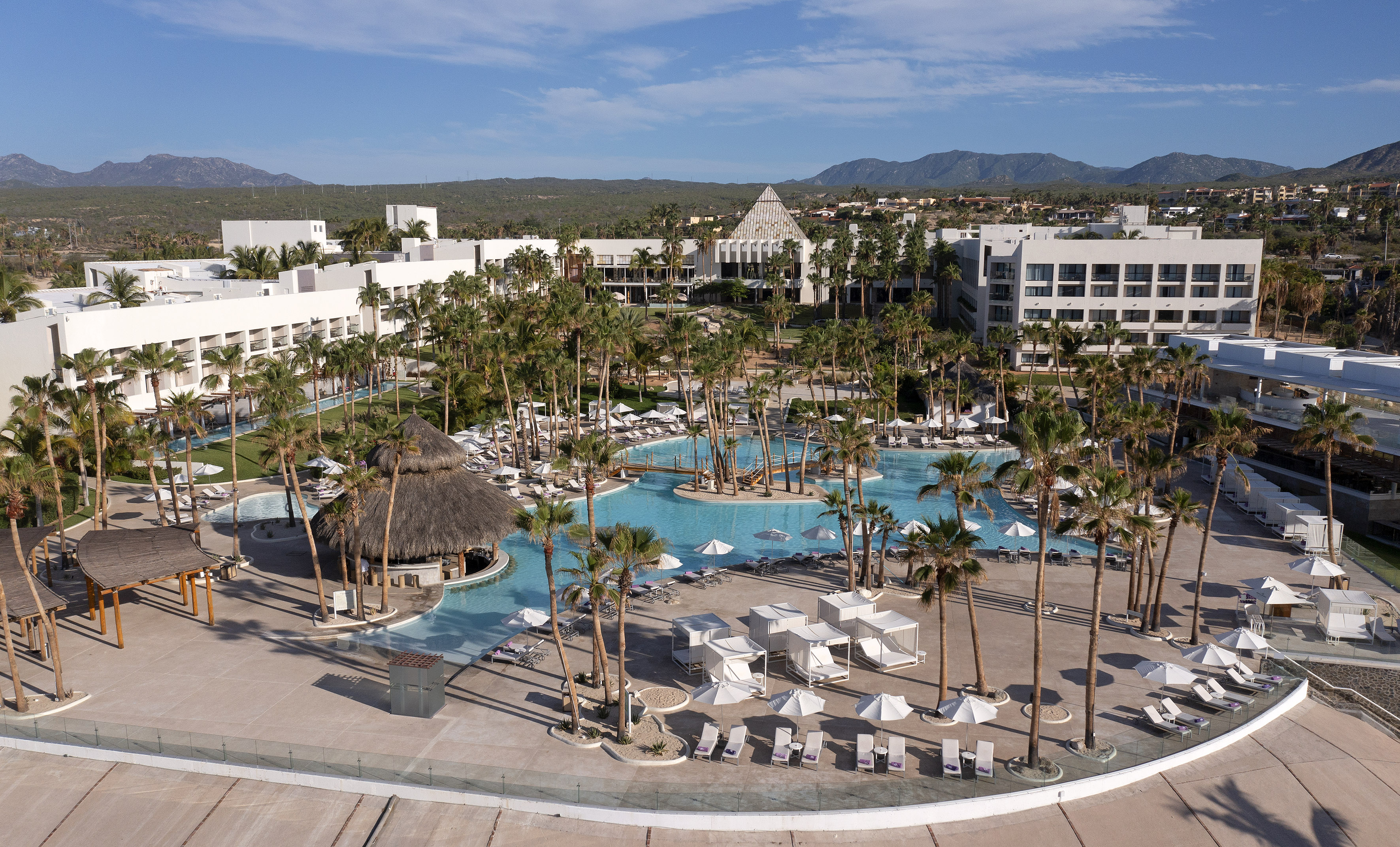 a pool with palm trees and a building in the background