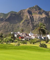 a golf course with a large mountain in the background