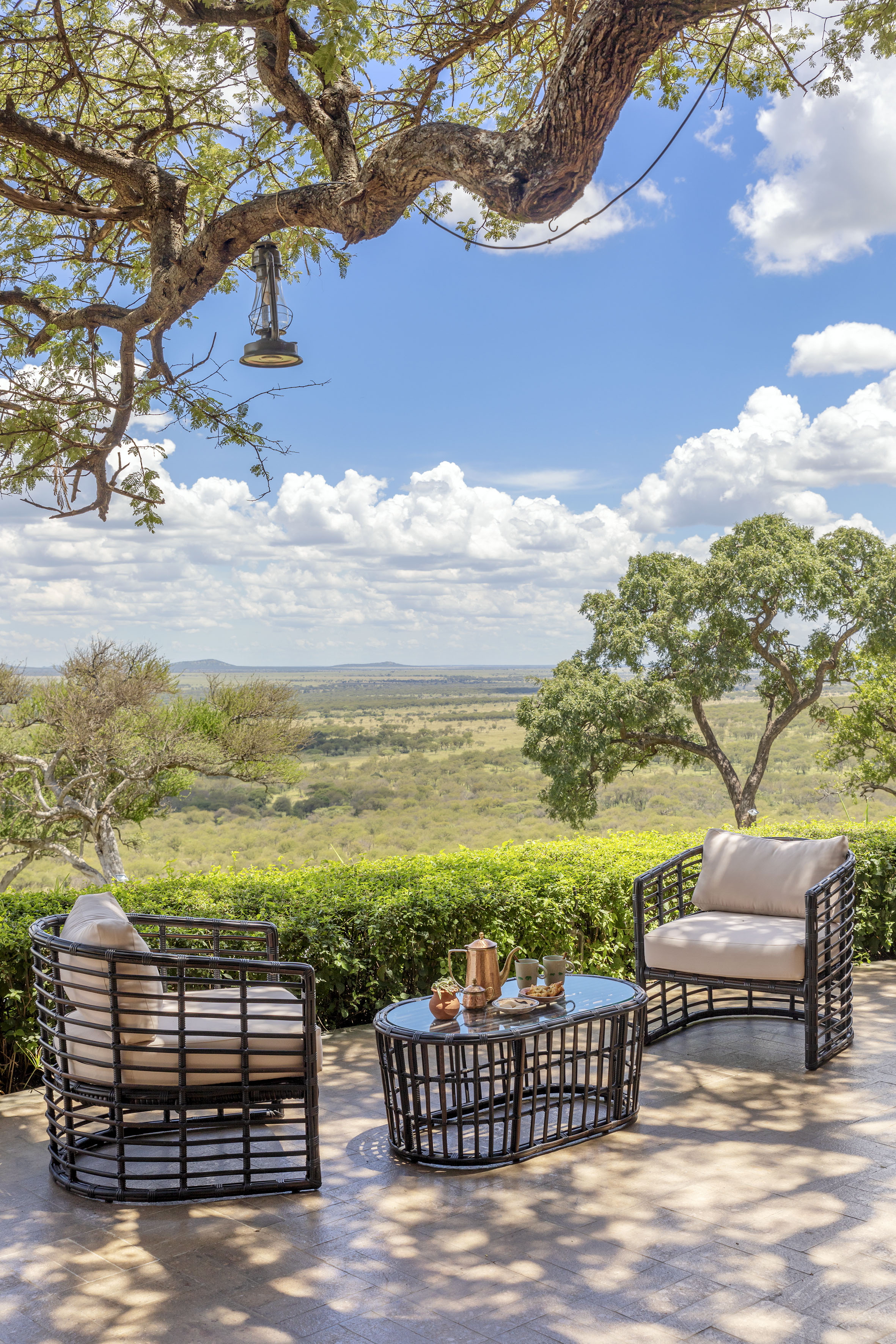 Rattan patio, tea set, vast savanna landscape view, African safari lodge.