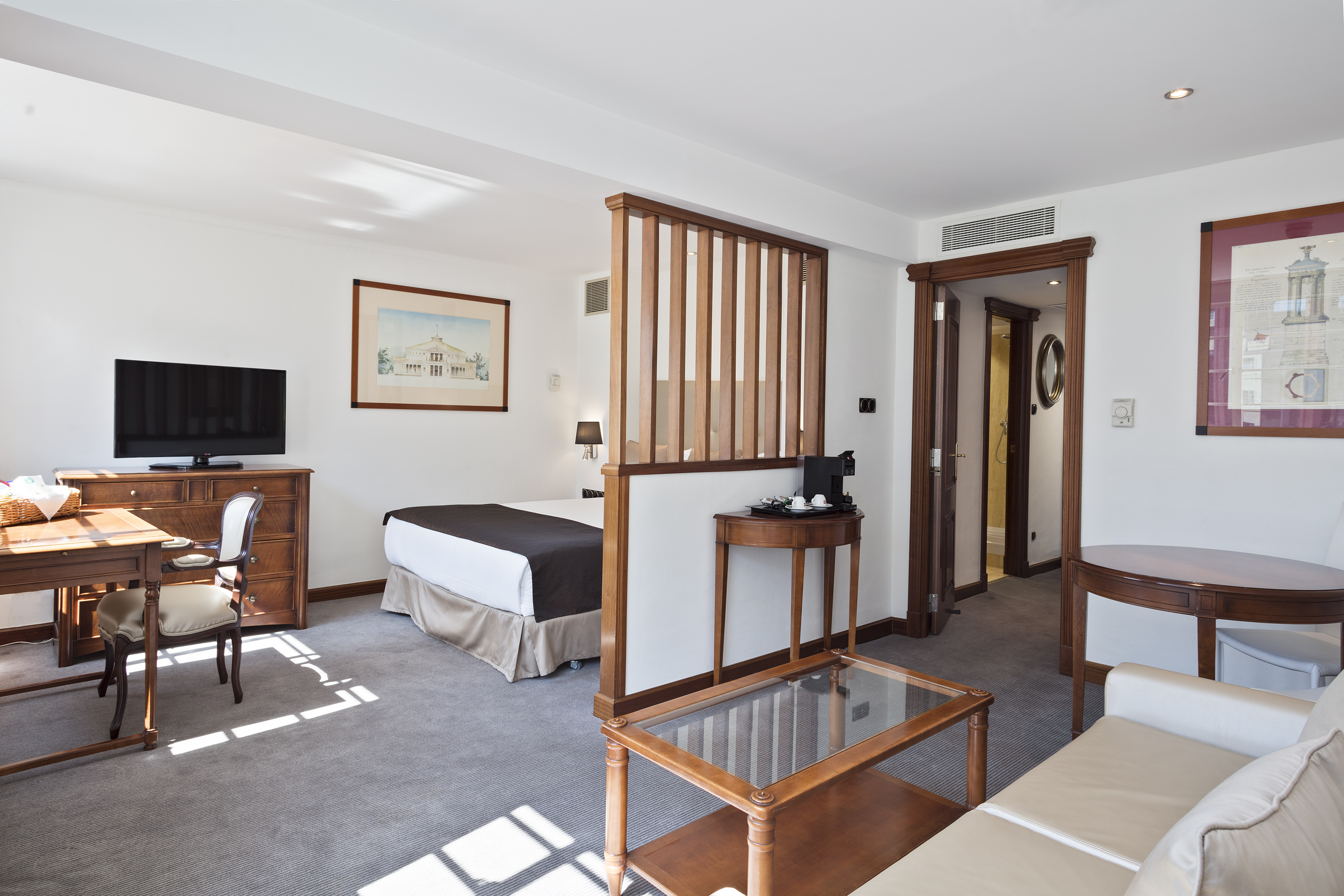 a room with a bed and a television