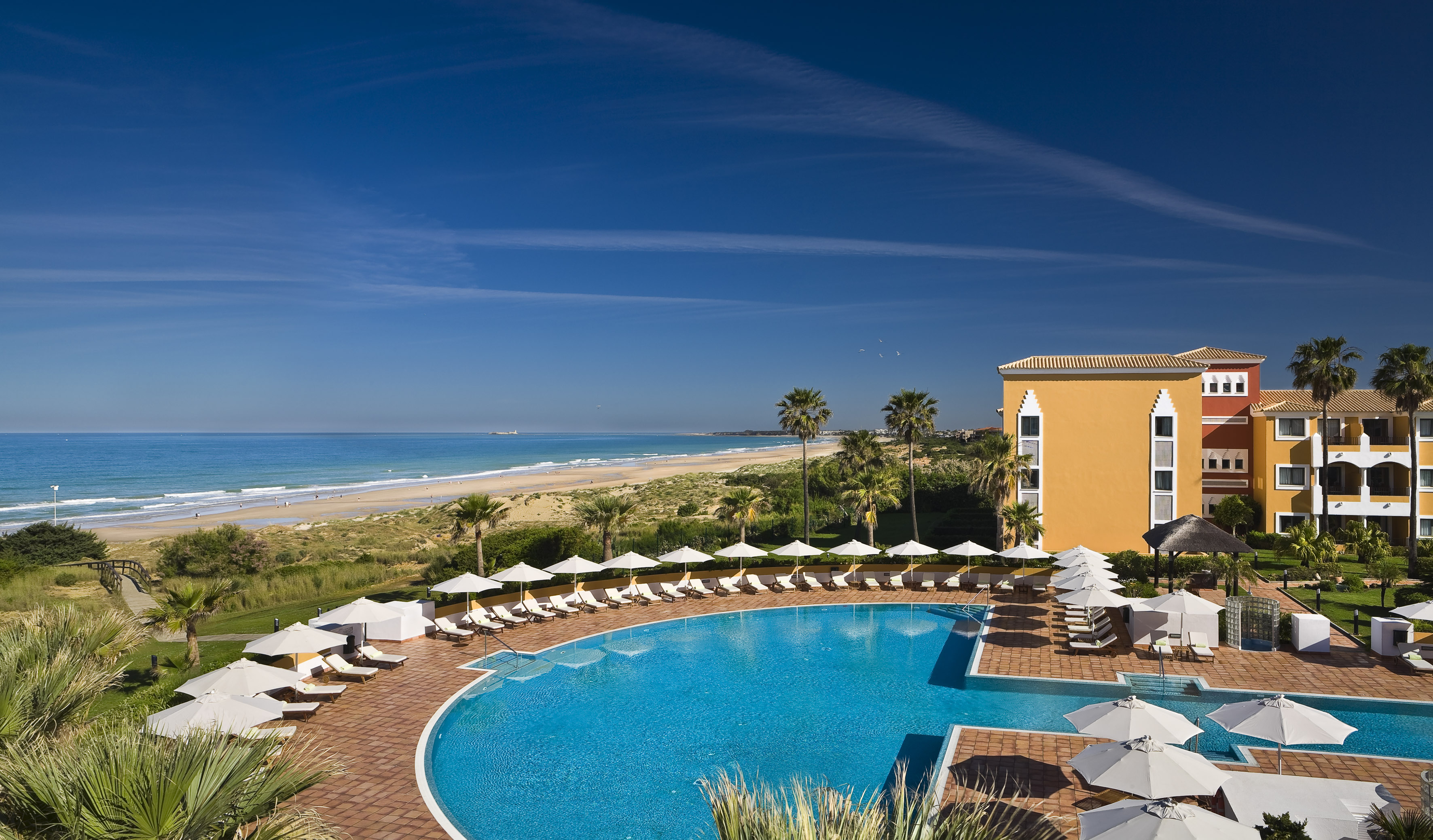 Sunny beach resort with large pool, ocean view, palm trees, and hotel.
