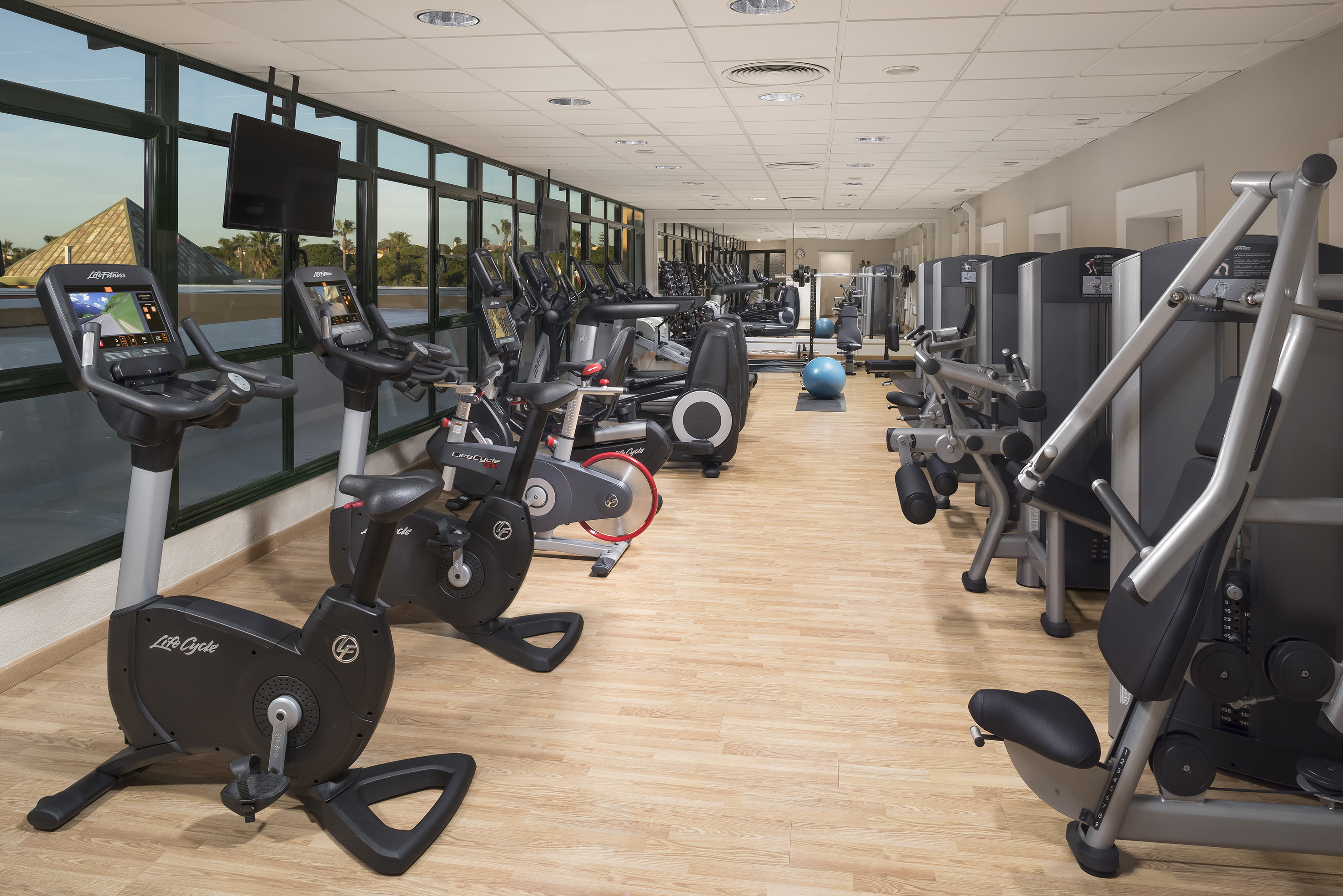 a room with exercise bikes and exercise balls