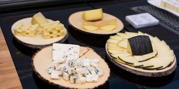a group of wooden plates with different types of cheese