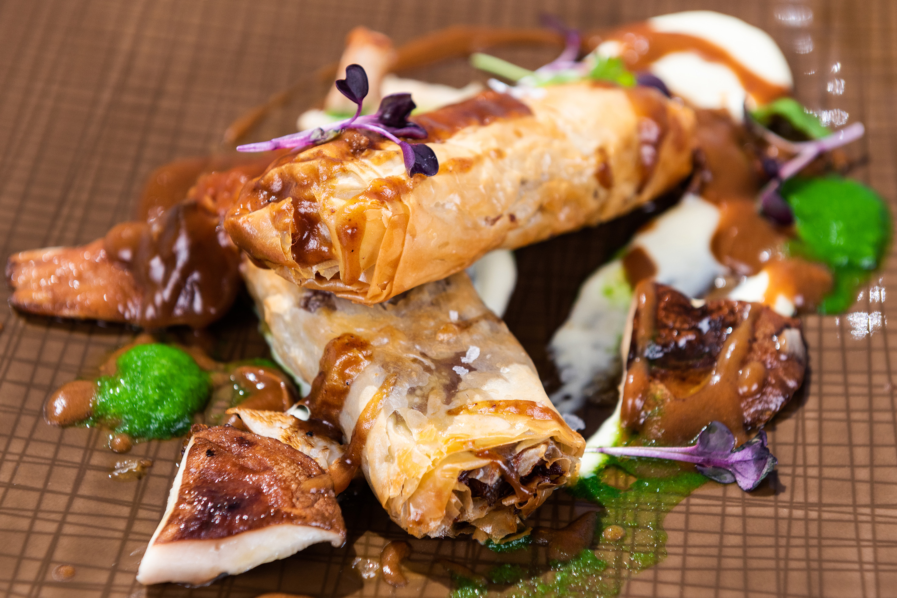 Crispy phyllo pastry rolls with savory filling, rich sauce, and microgreens.