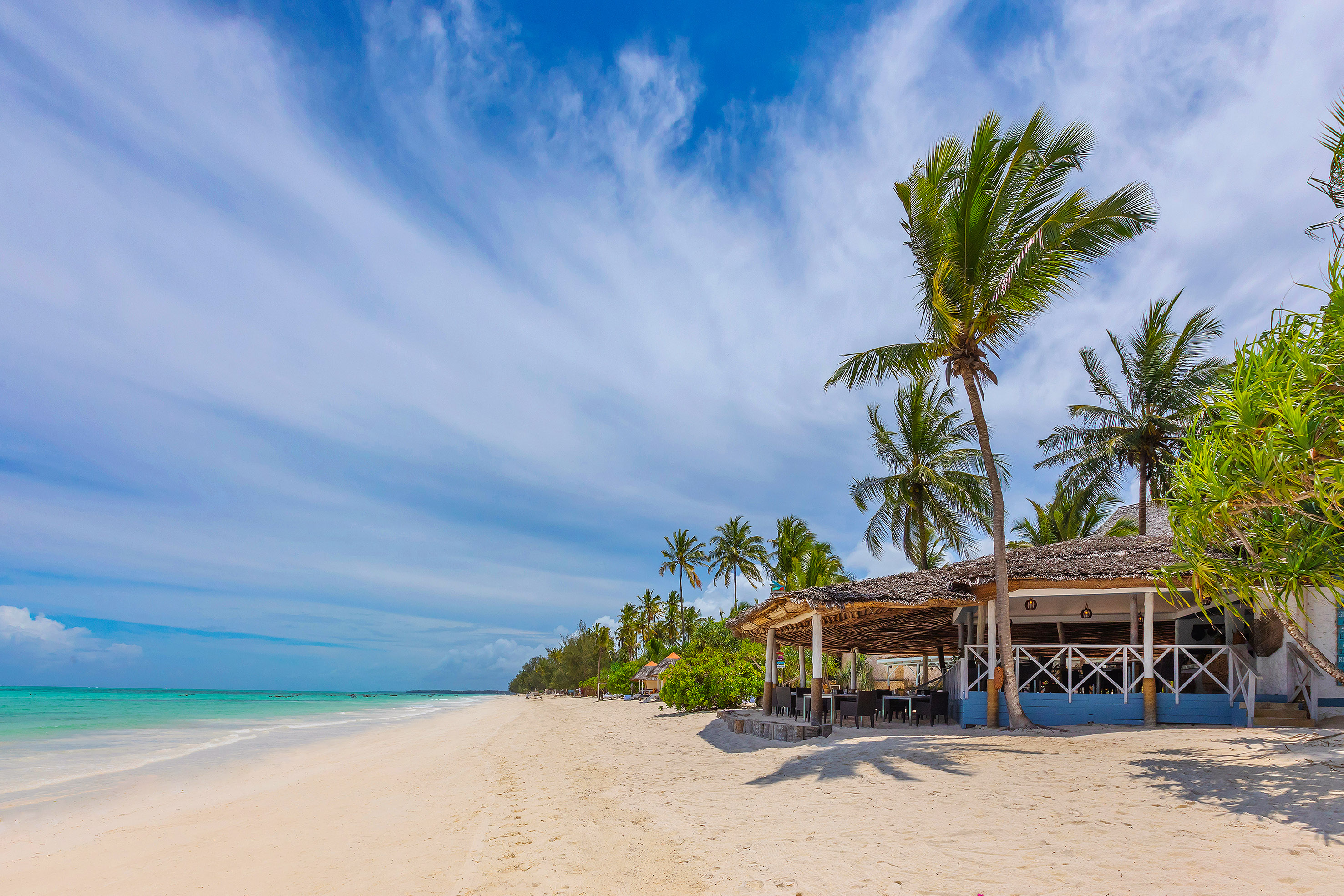 Tropical white sand beach with turquoise ocean, palm trees, and thatched beach bar.