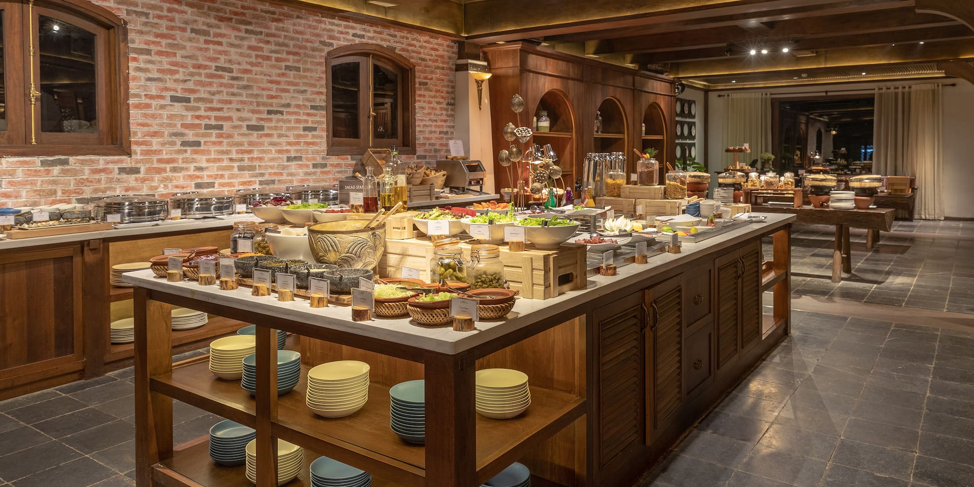a buffet with food on shelves