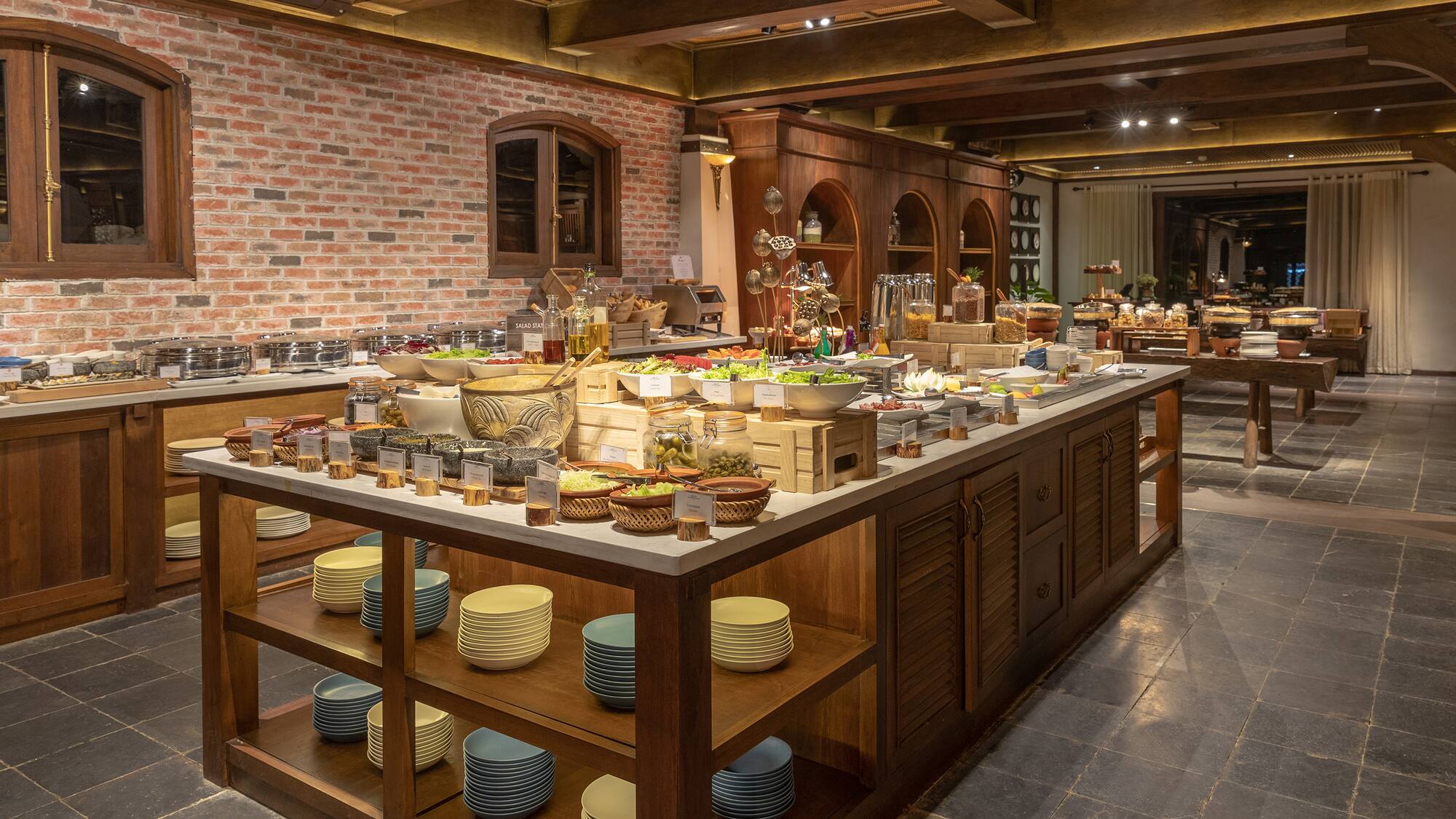 a buffet with food on shelves