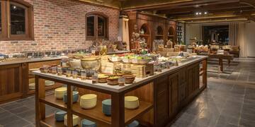 a buffet with food on shelves