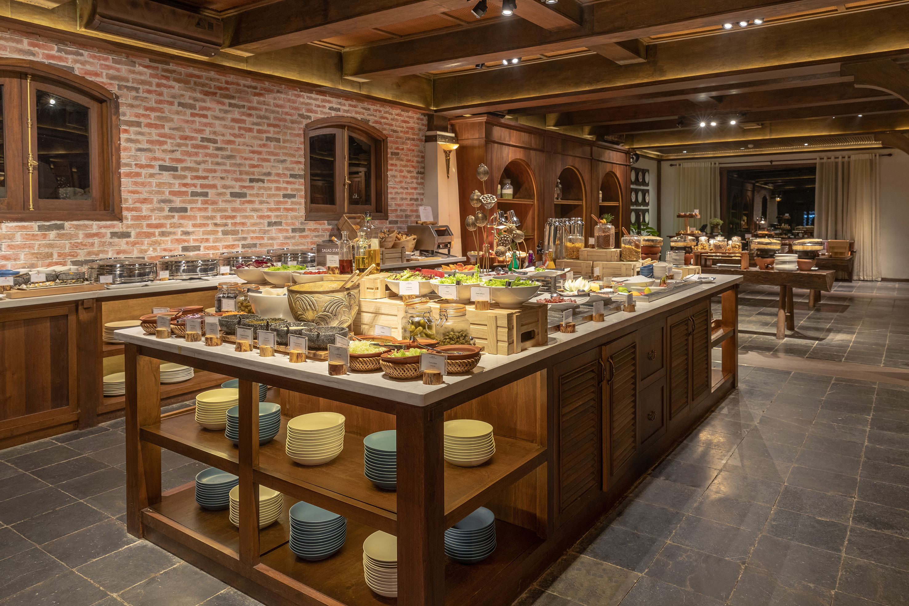 a buffet with food on shelves