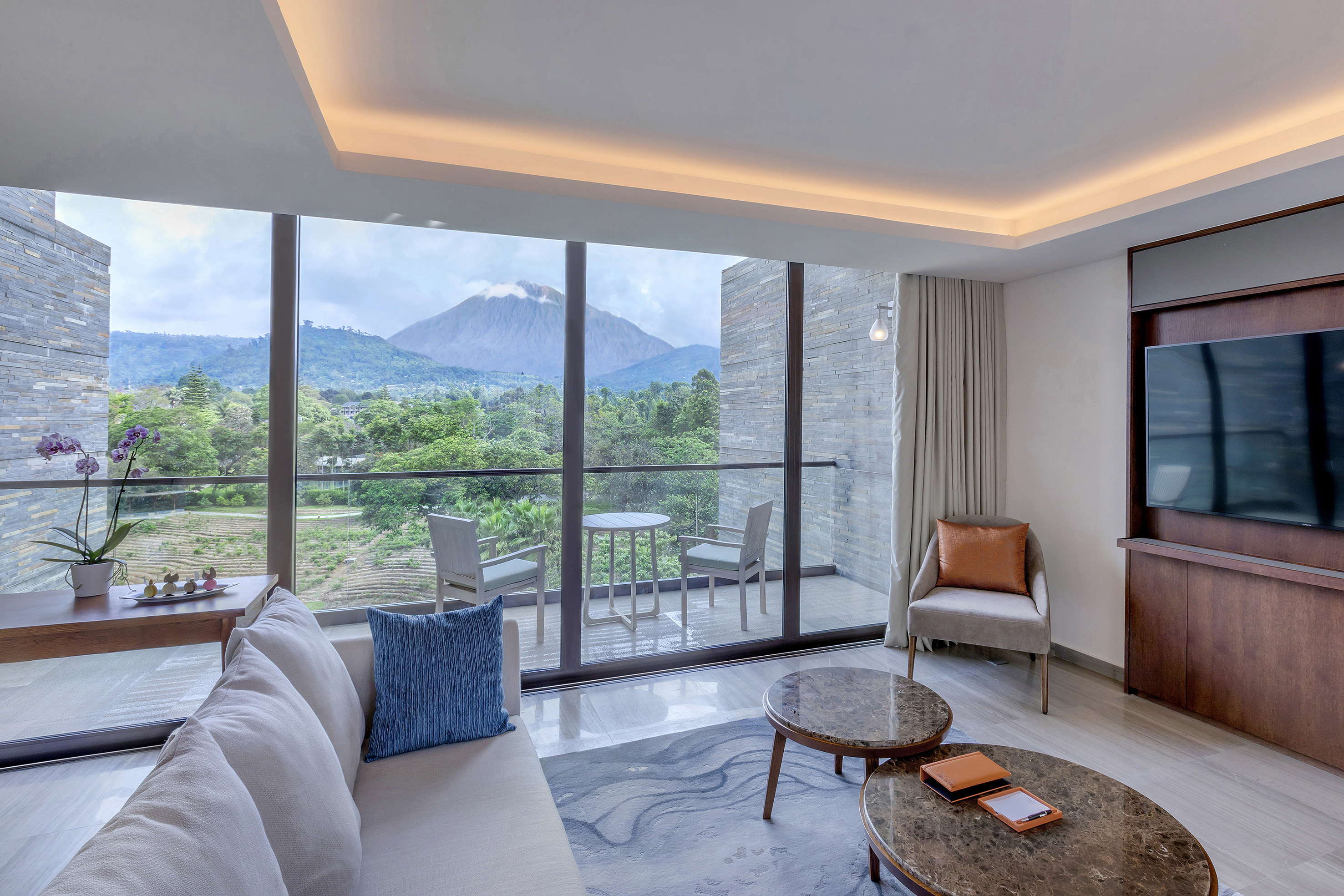 a living room with a view of mountains and trees