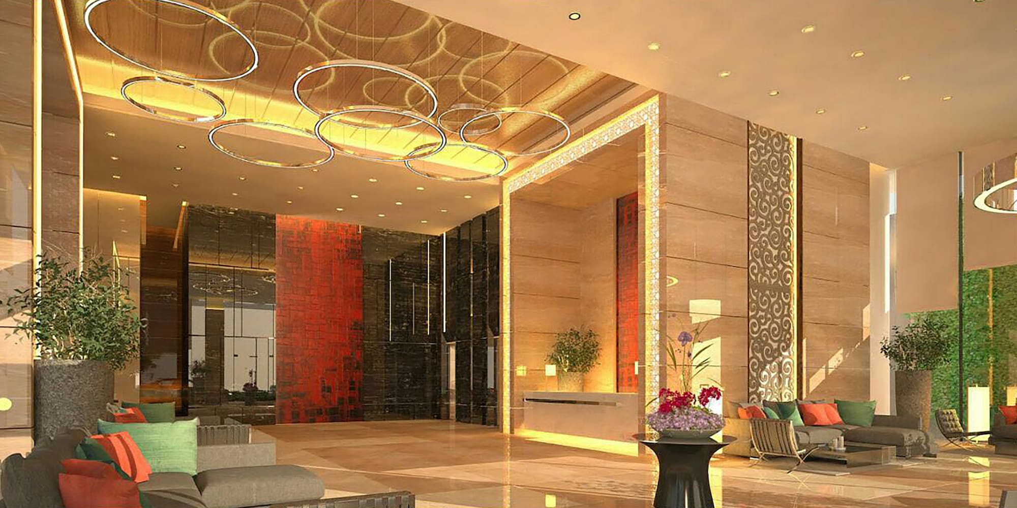 a lobby with a large reception desk and a large mirror