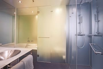a bathroom with a shower and bathtub