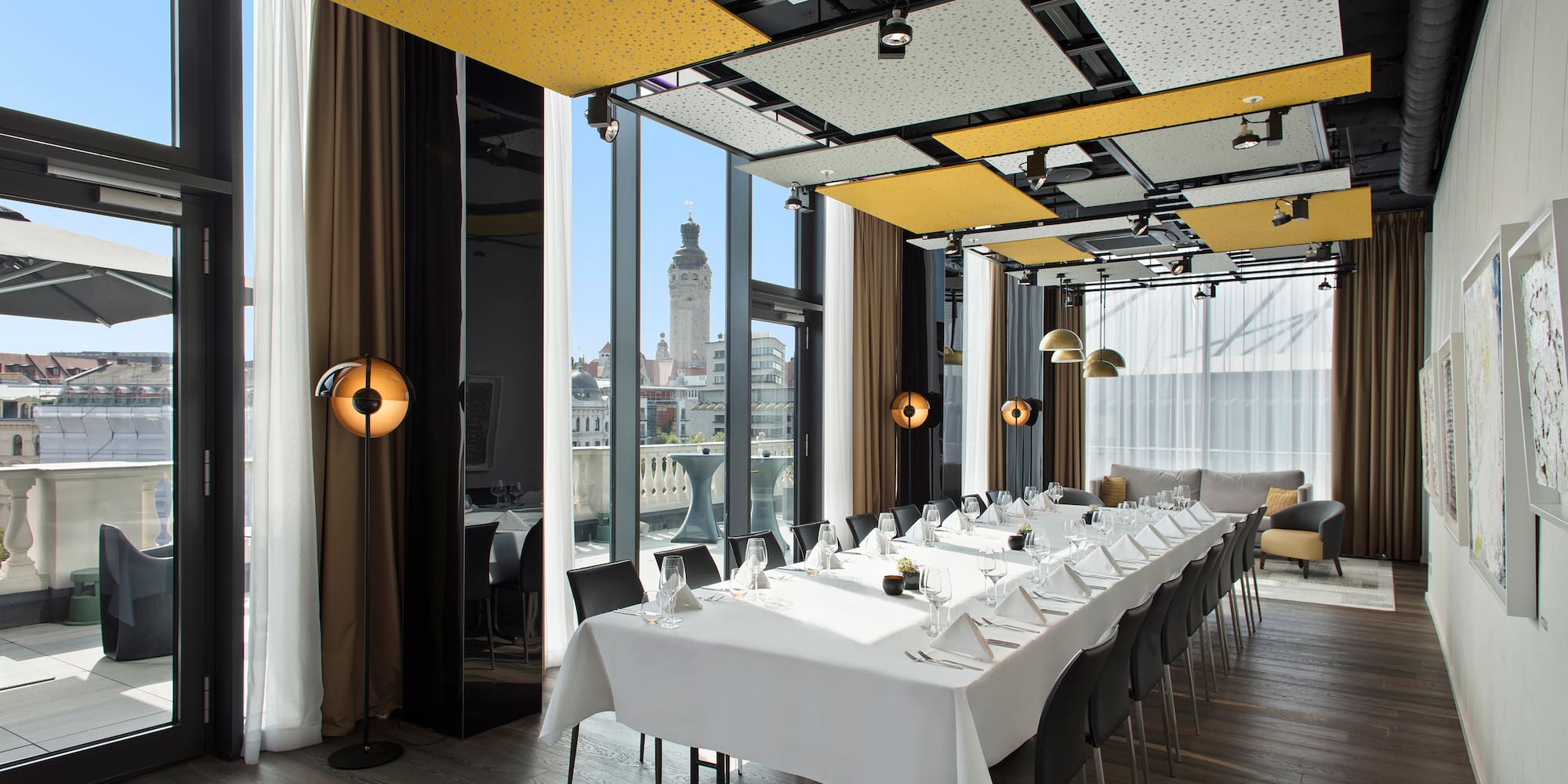 a room with tables and chairs