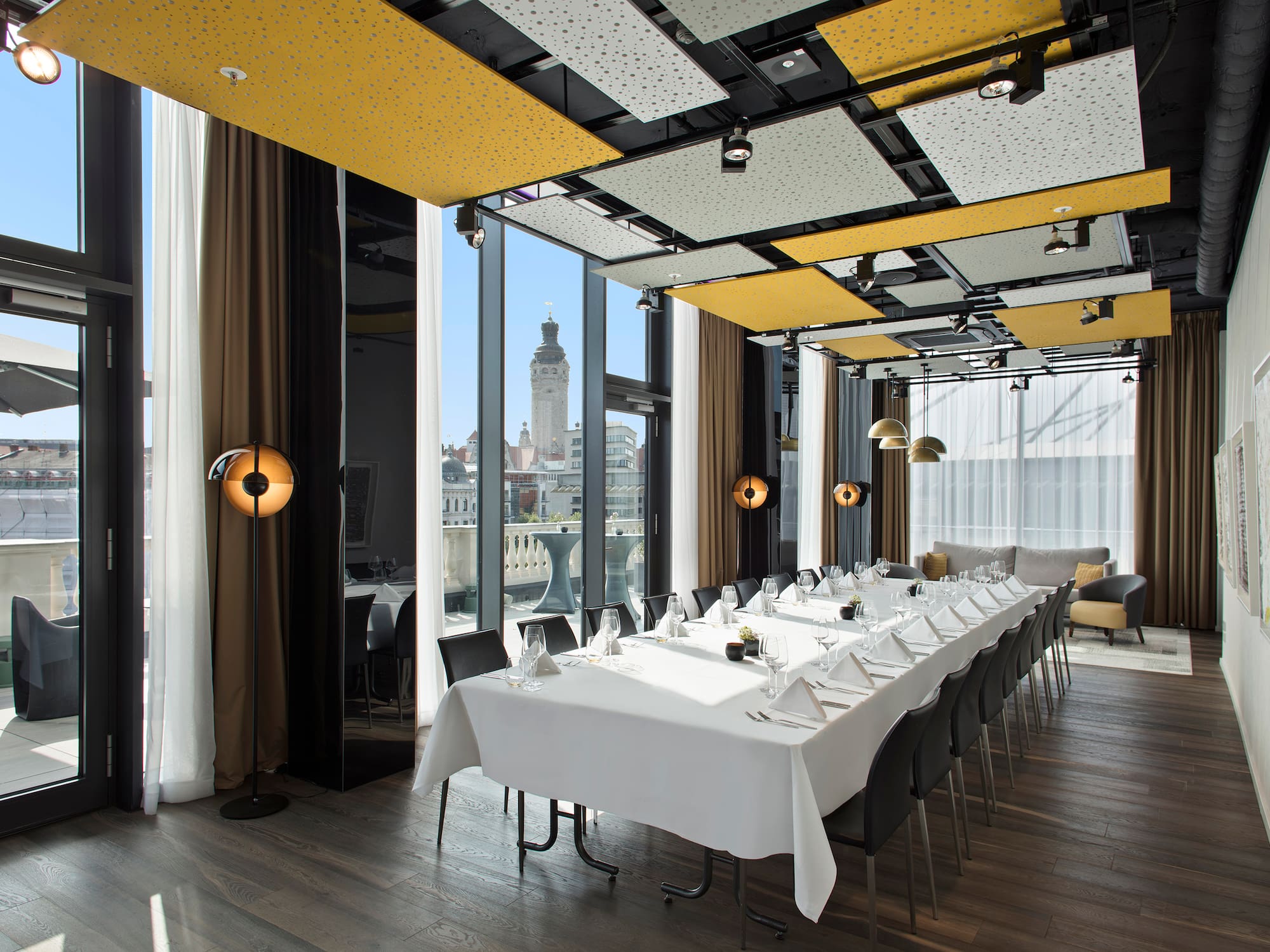 a room with tables and chairs