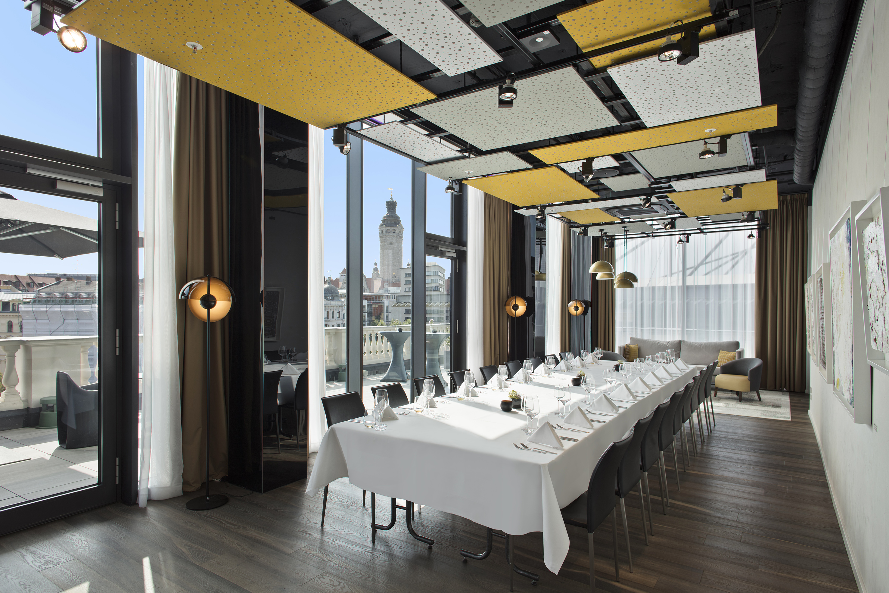 a room with tables and chairs