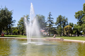 a water fountain in a pond