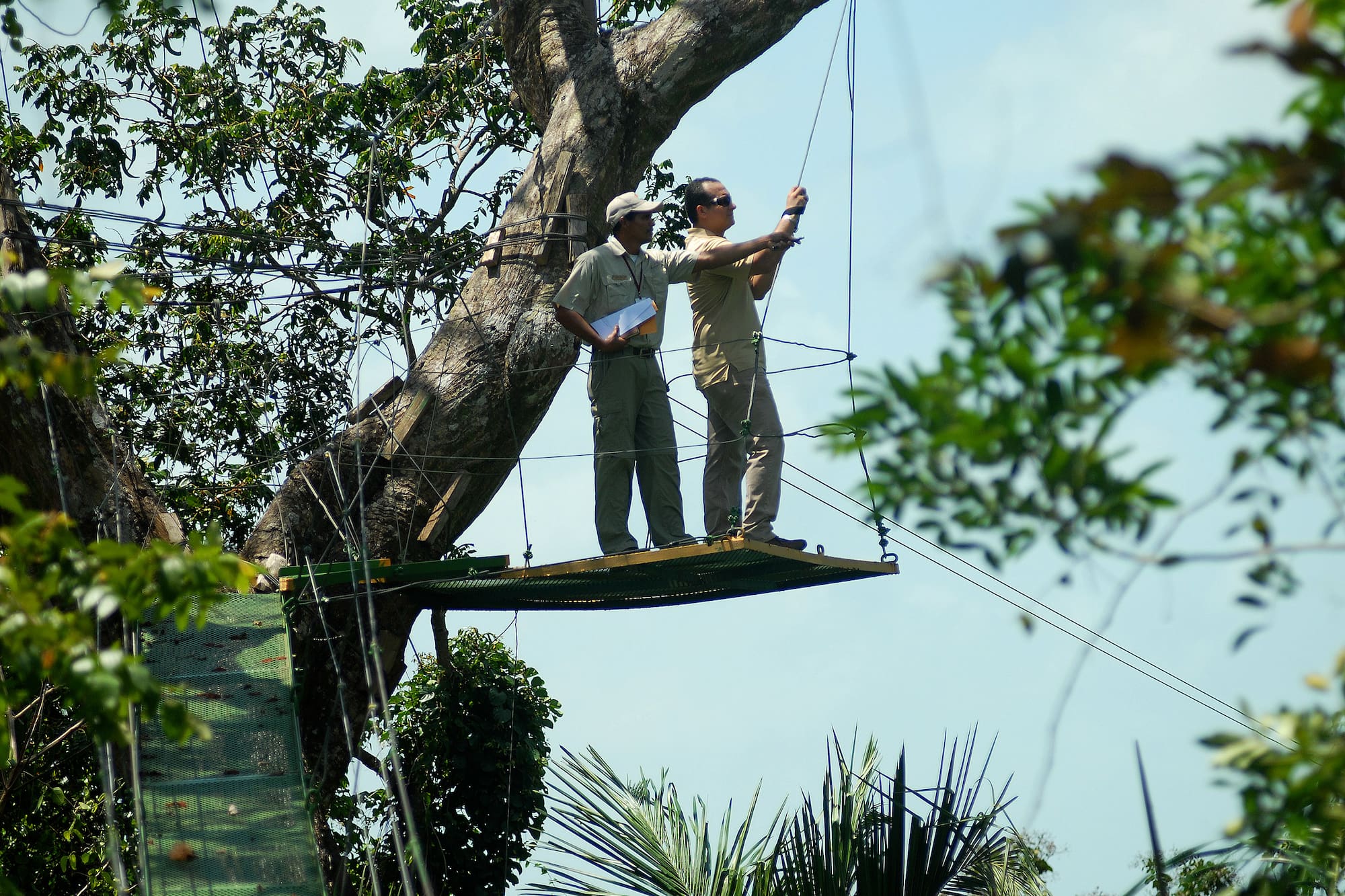 a couple of people standing on a rope bridge