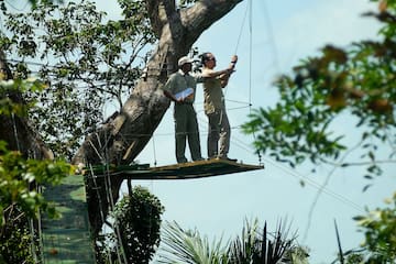a couple of people standing on a rope bridge