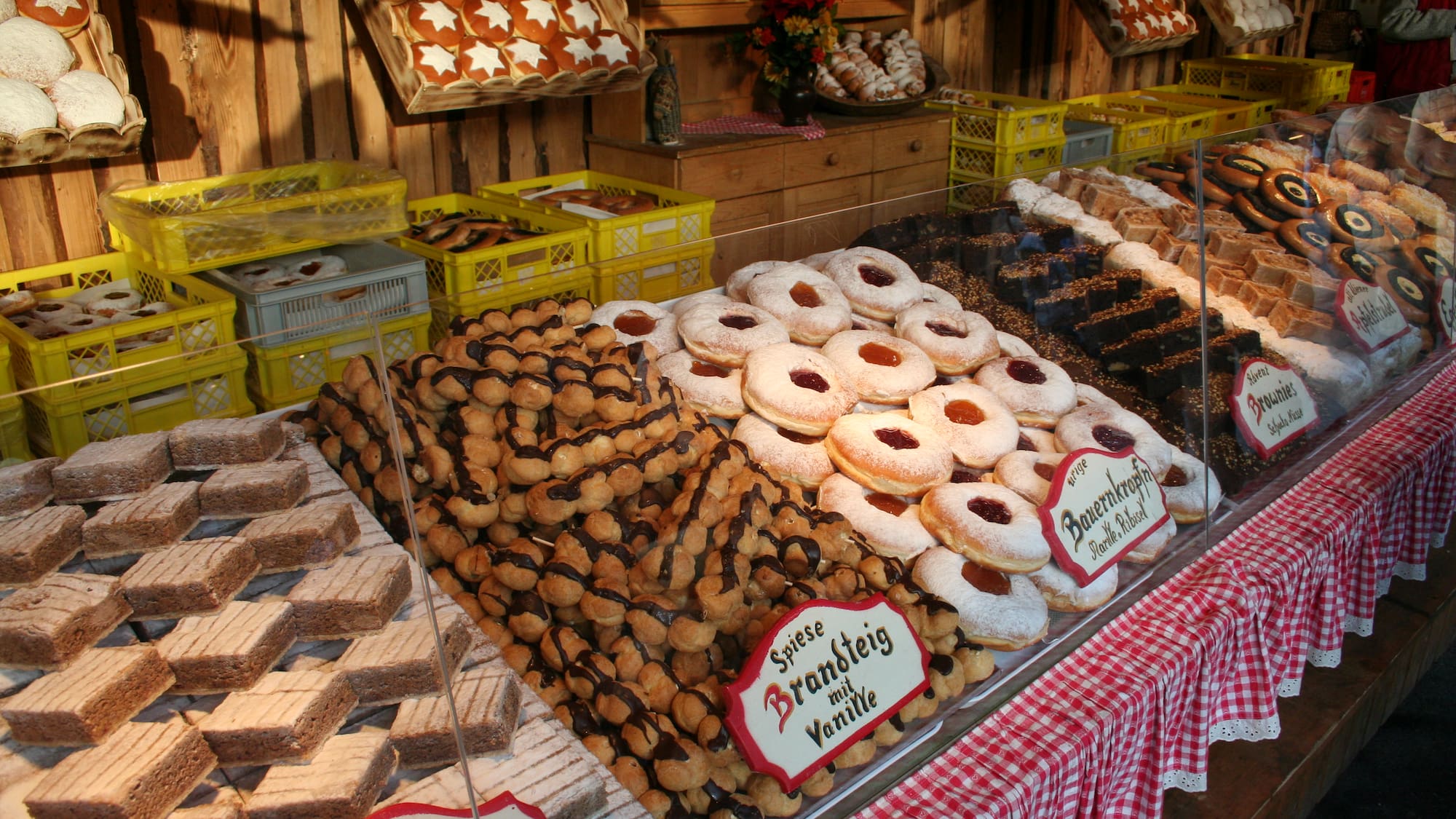 a display of pastries and cookies