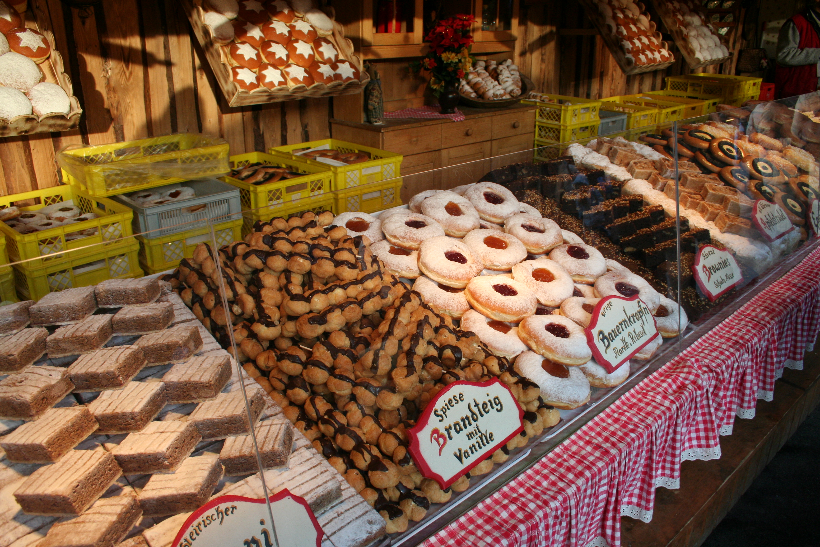 a display of pastries and cookies