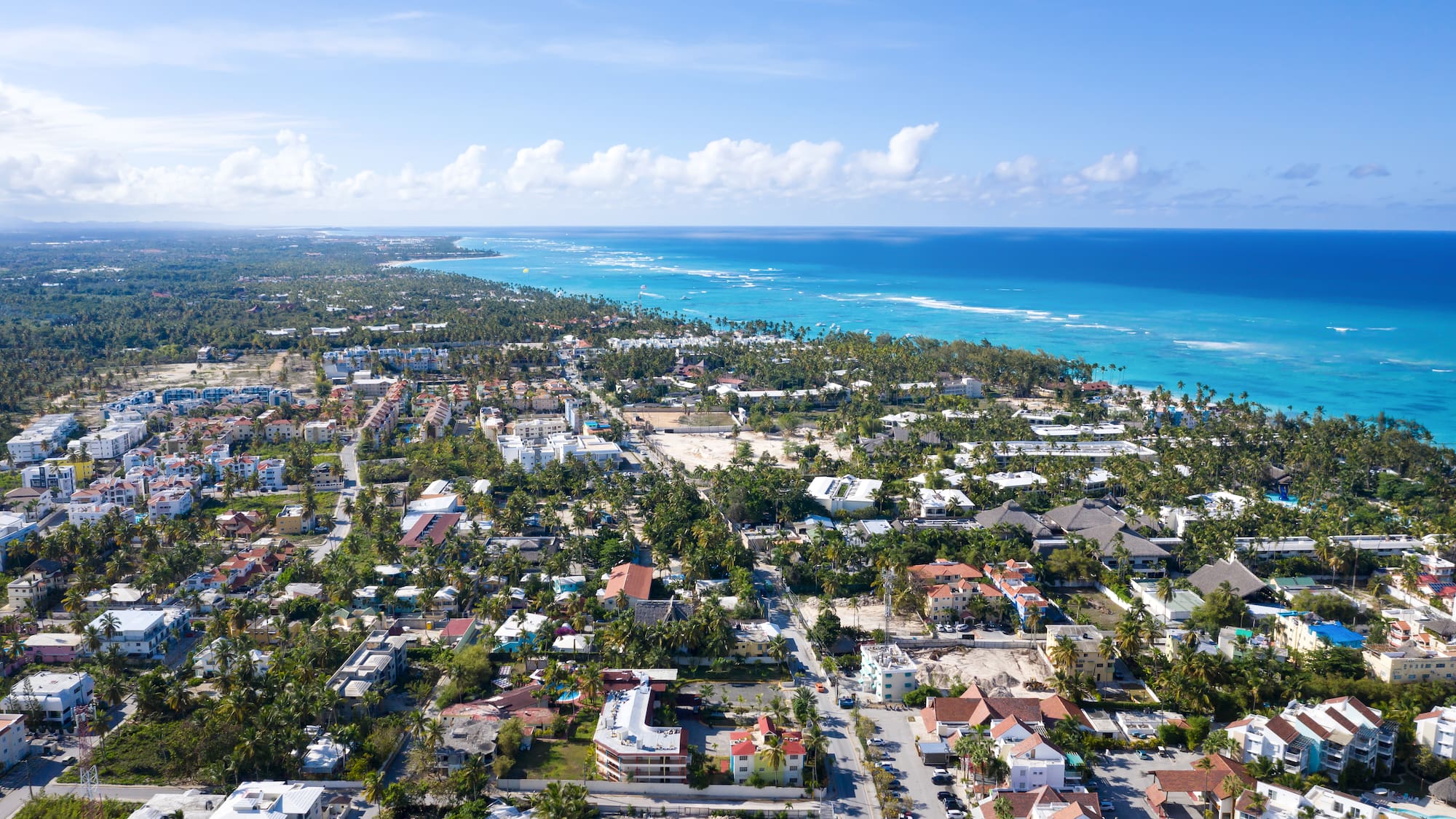 a city with many houses and trees next to the ocean