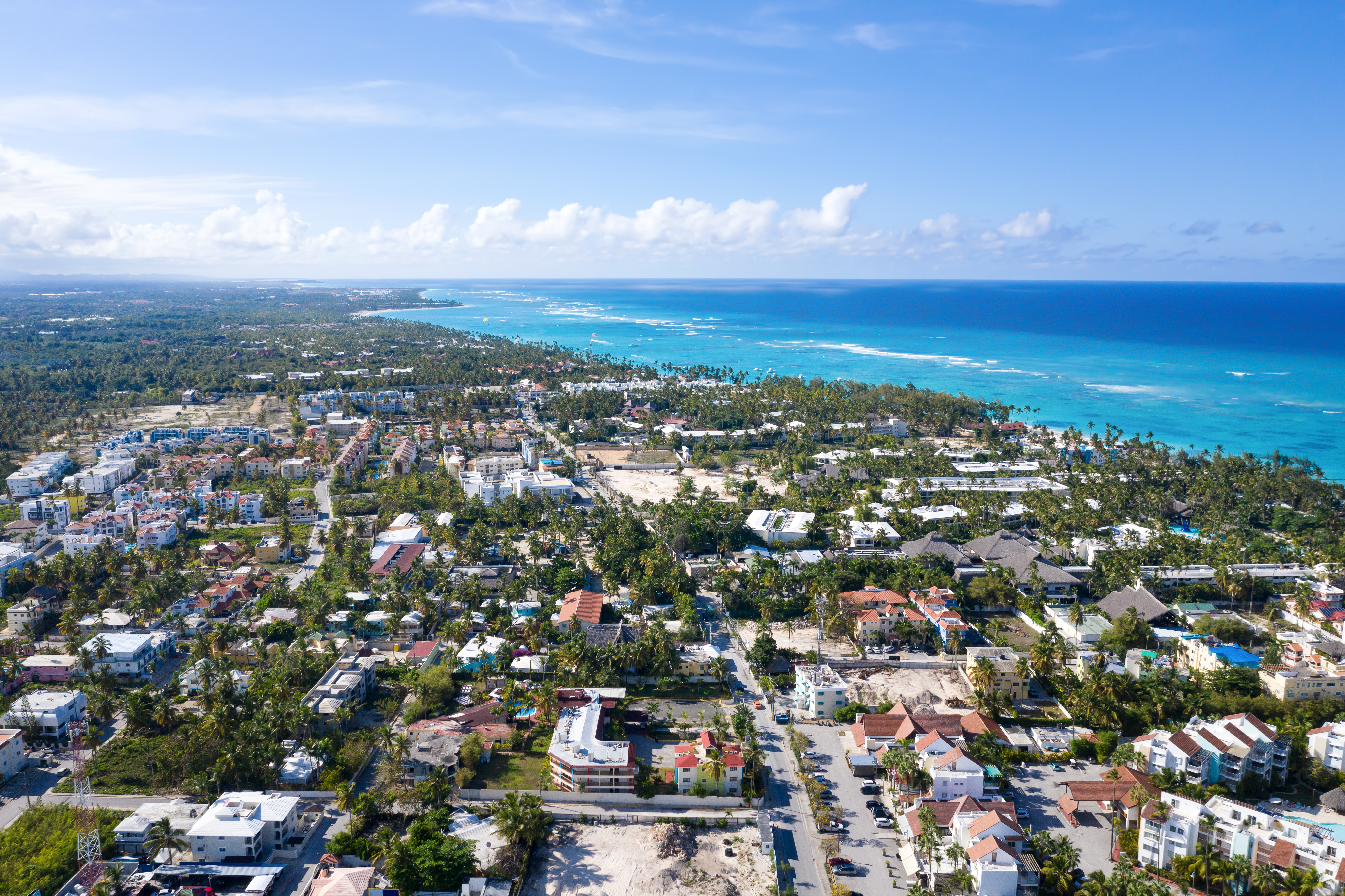 a city with many houses and trees next to the ocean