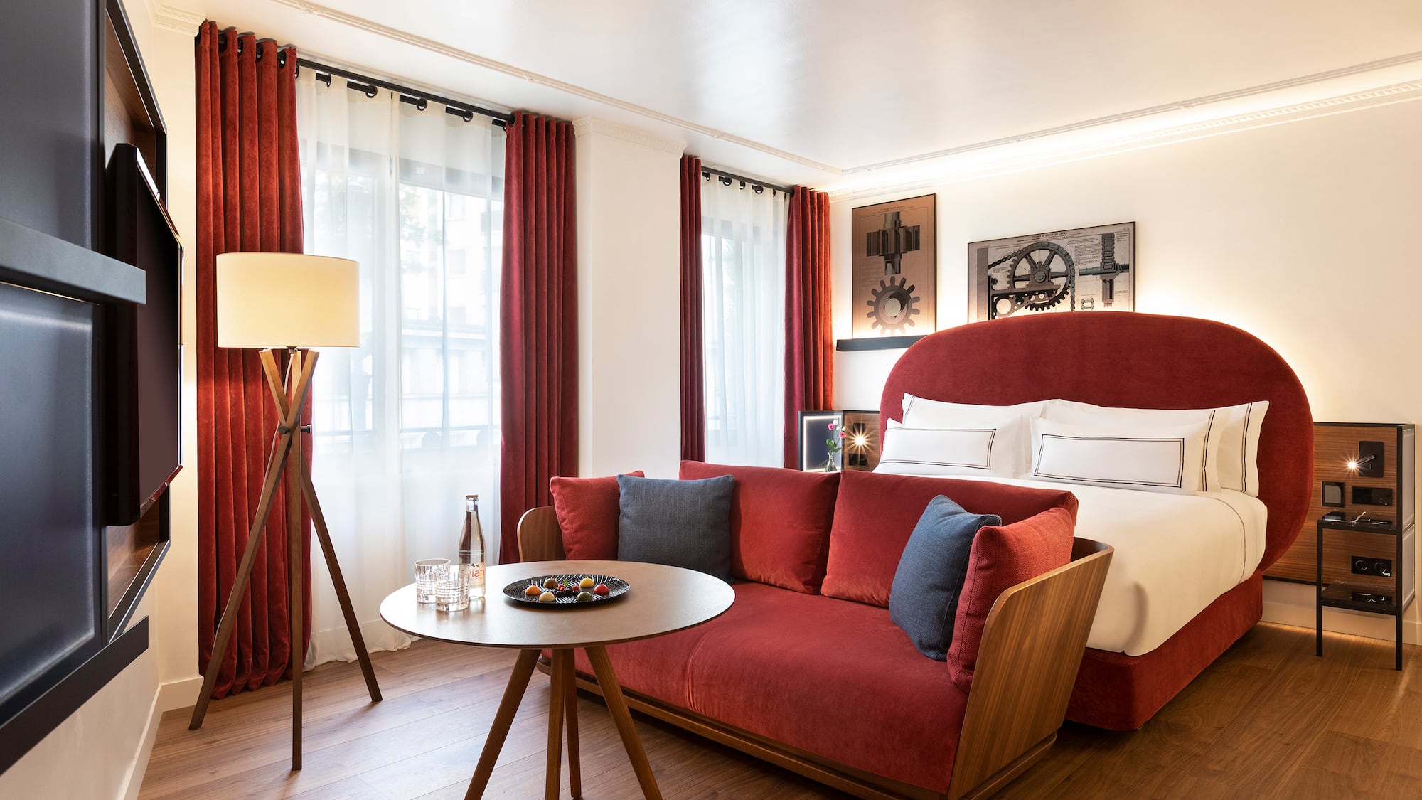 a room with a bed and a table