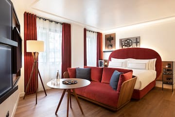 a room with a bed and a table