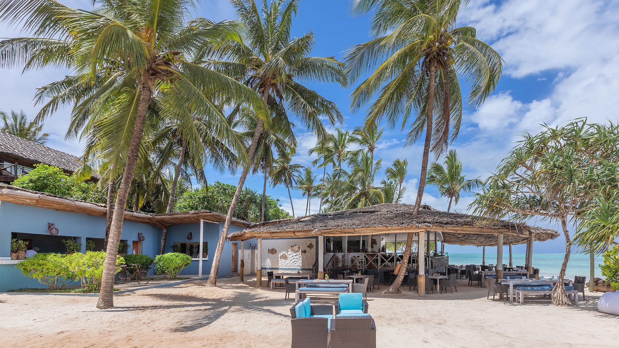 a beach with palm trees and a building