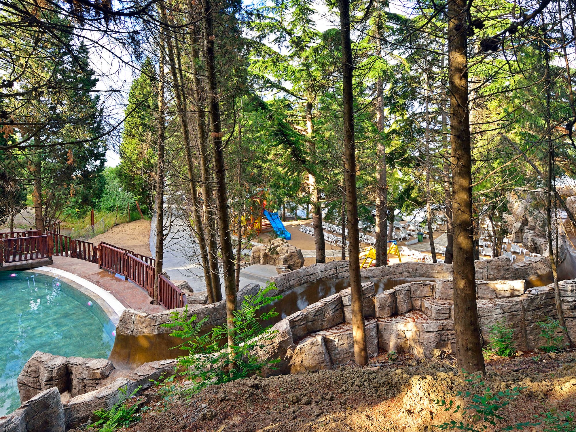 a pool with a slide and trees