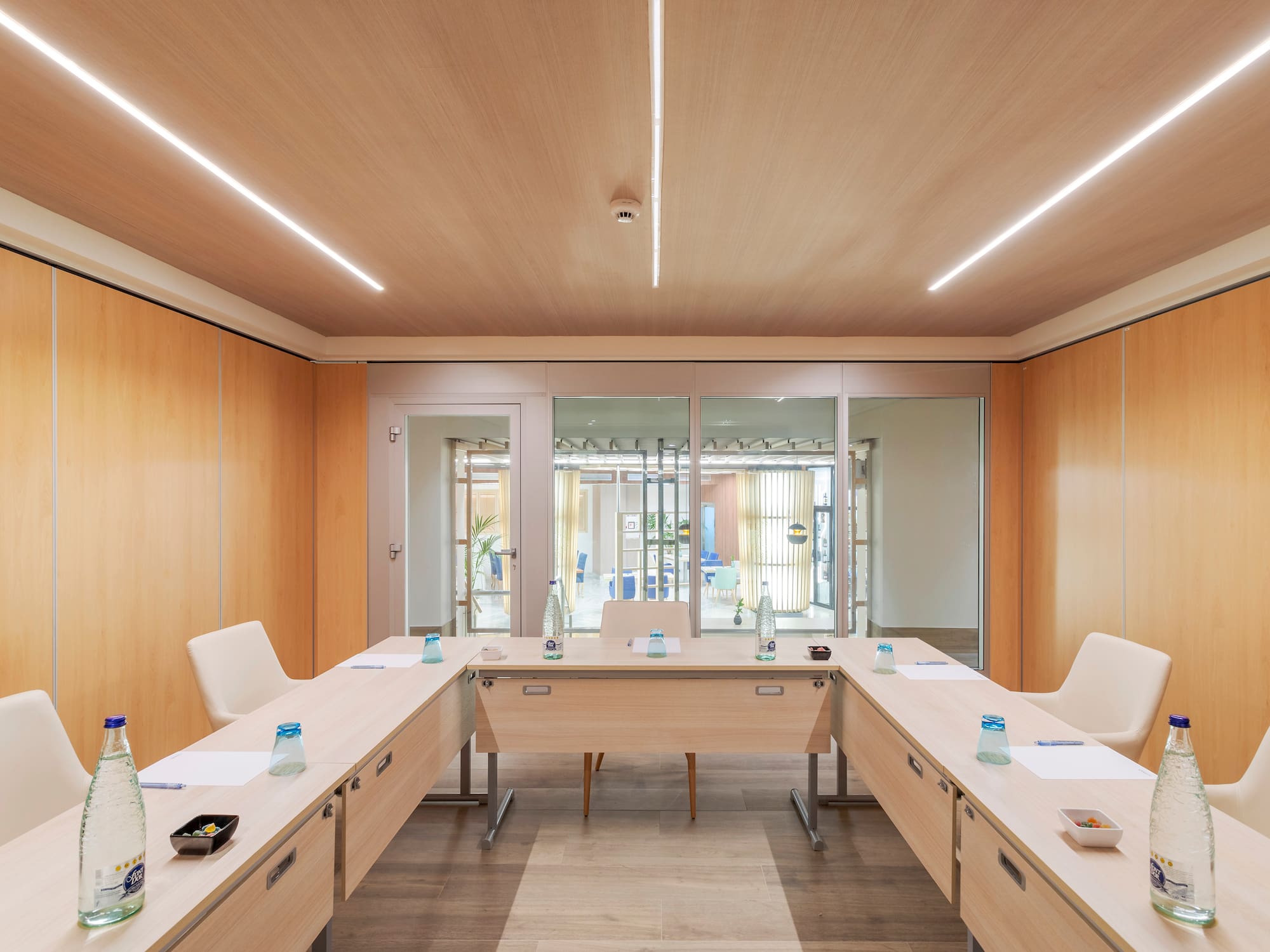 a room with a table and chairs